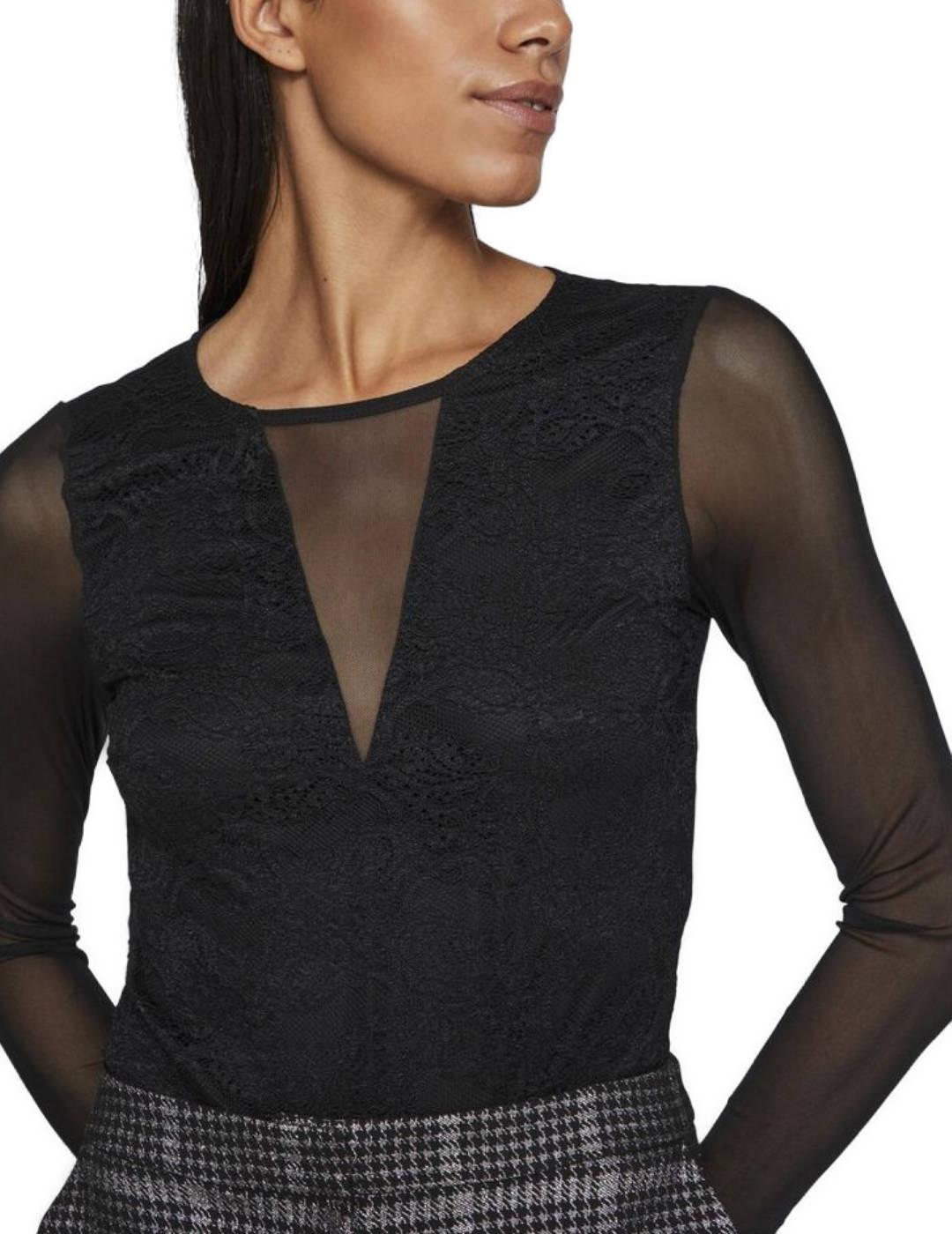 Body Vila Sala negro transparencias manga larga para mujer