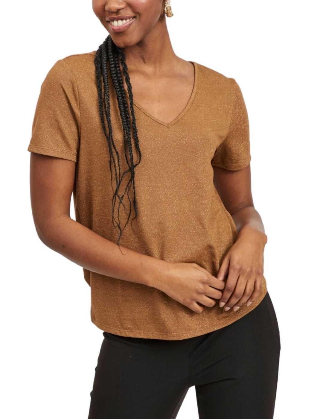 Camiseta Vila dorada cuello pico manga corta para mujer