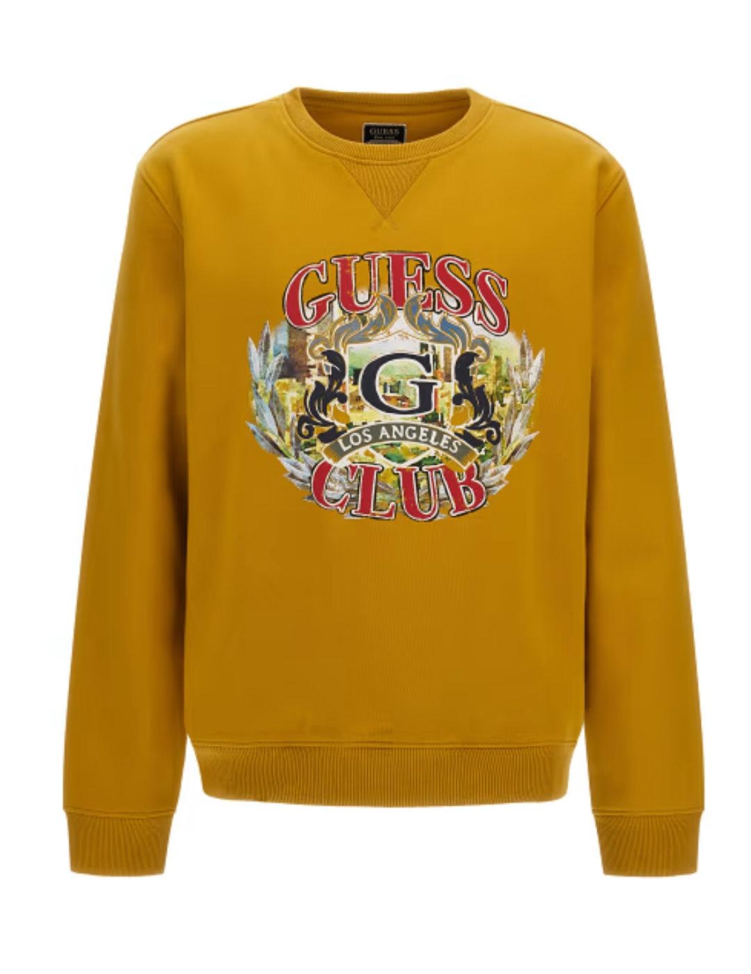 Sudadera Guess mostaza logo estampado sin capucha de hombre