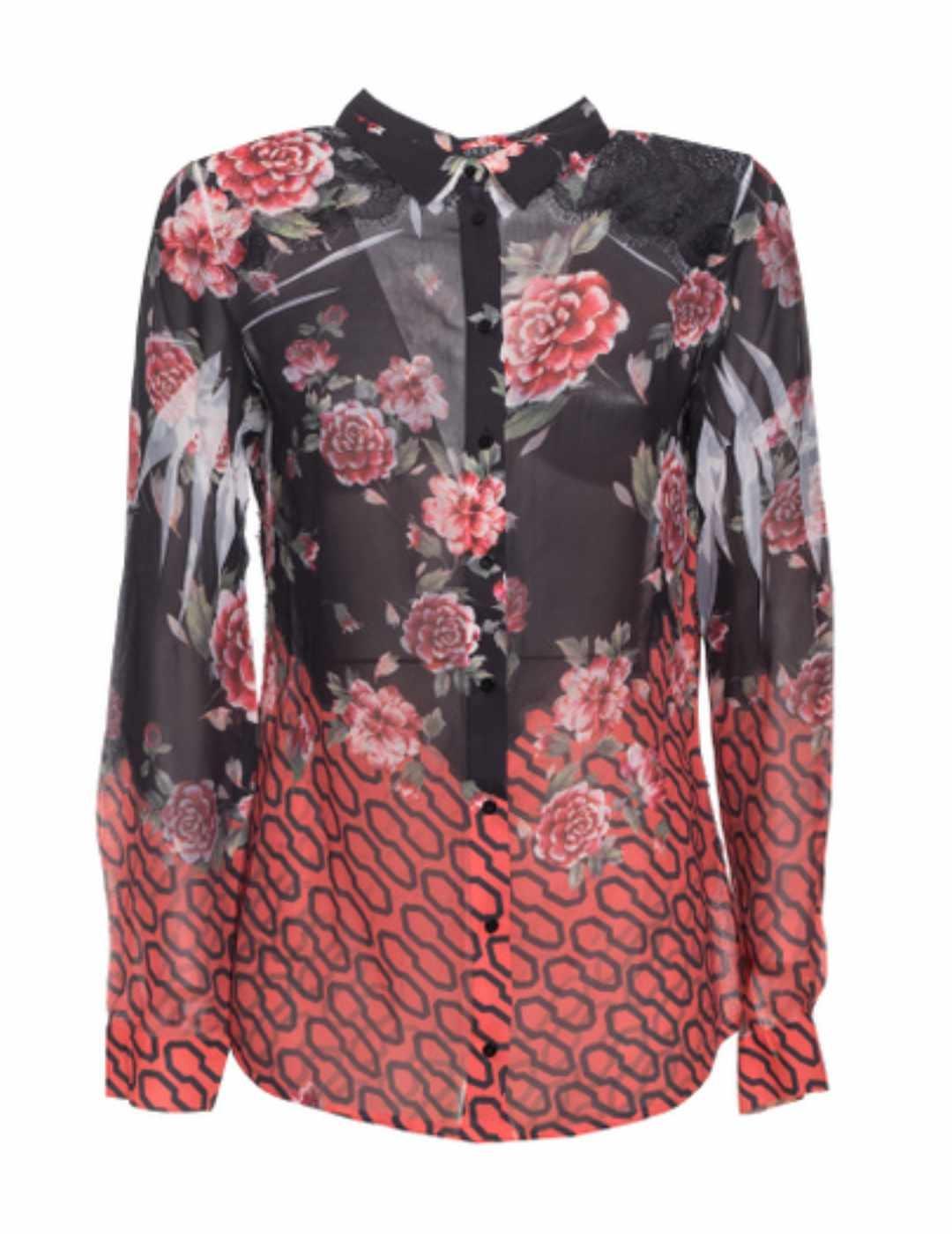 Camisa Guess manga larga de tull y encaje estampada de mujer