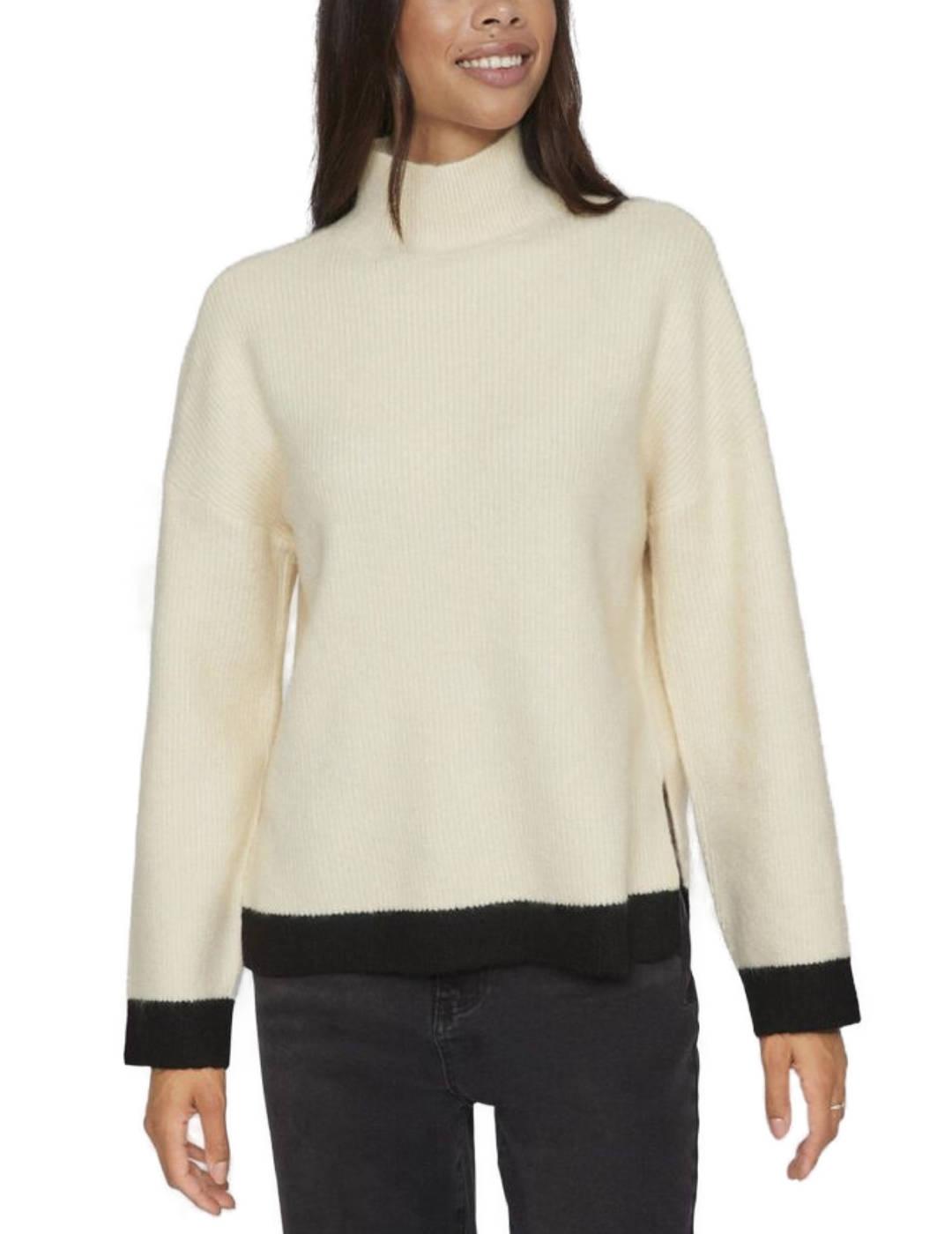 Jersey Vila Senna punto beige y negro cuello alto para mujer