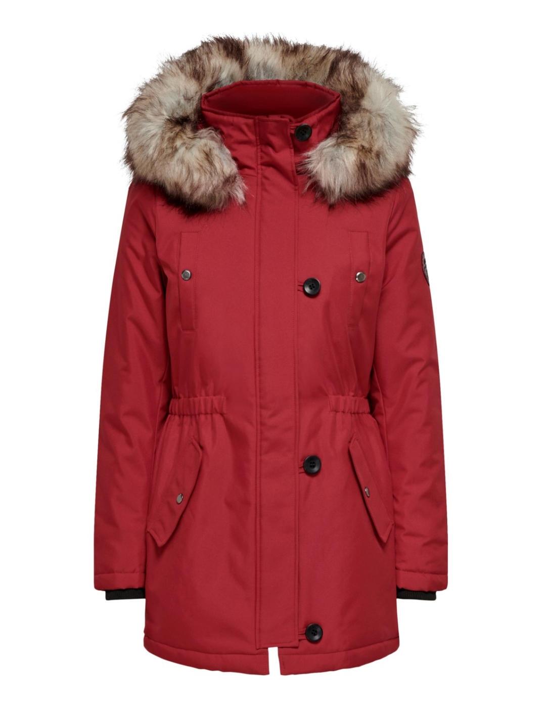 Parka Only Iris roja con capucha y pelo sintético de mujer