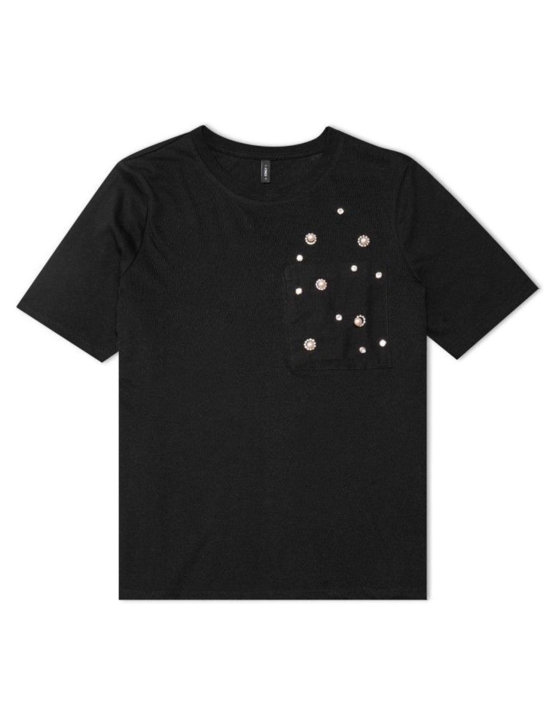 Camiseta Only Sally negro perlas manga corta para mujer
