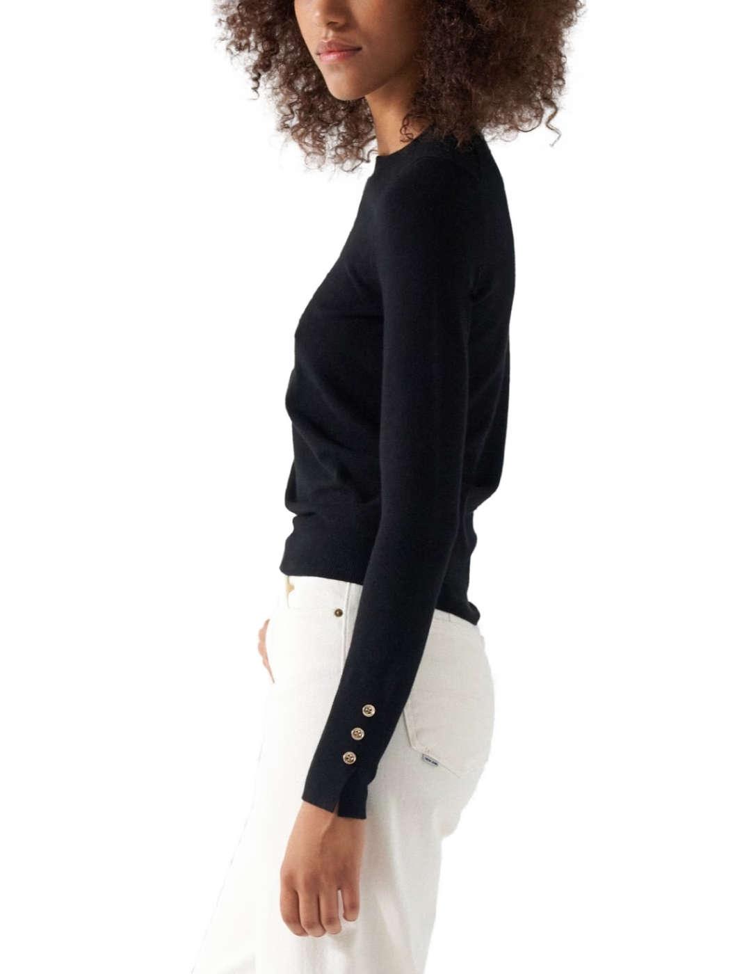 Jersey Salsa punto fino cuello a la caja negro para mujer