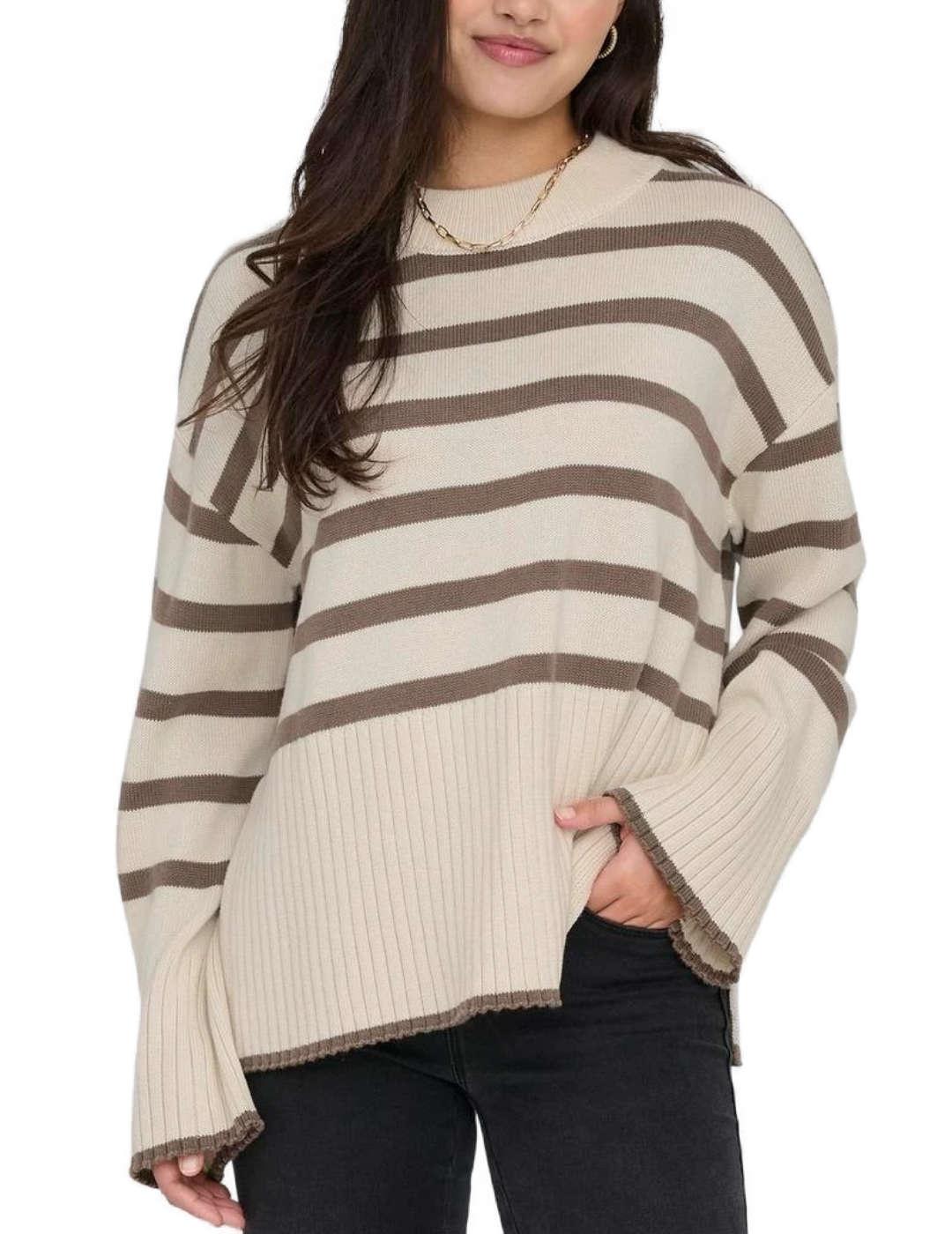 Jersey Only Hella beige raya marrón corte holgado para mujer