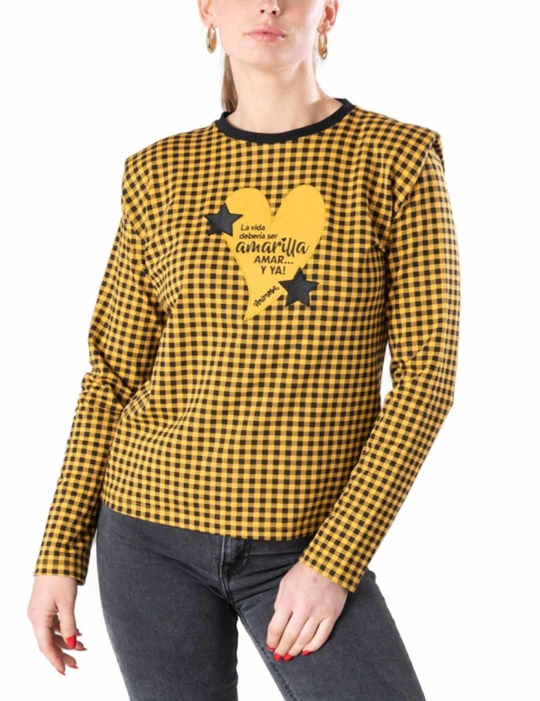 Sudadera Animosa Amar cuadro vichy amarillo mostaza de mujer