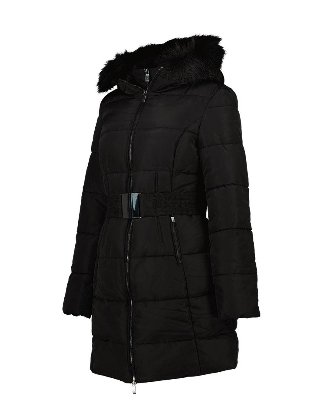 Abrigo Salsa acolchado negro con capucha de pelo para mujer