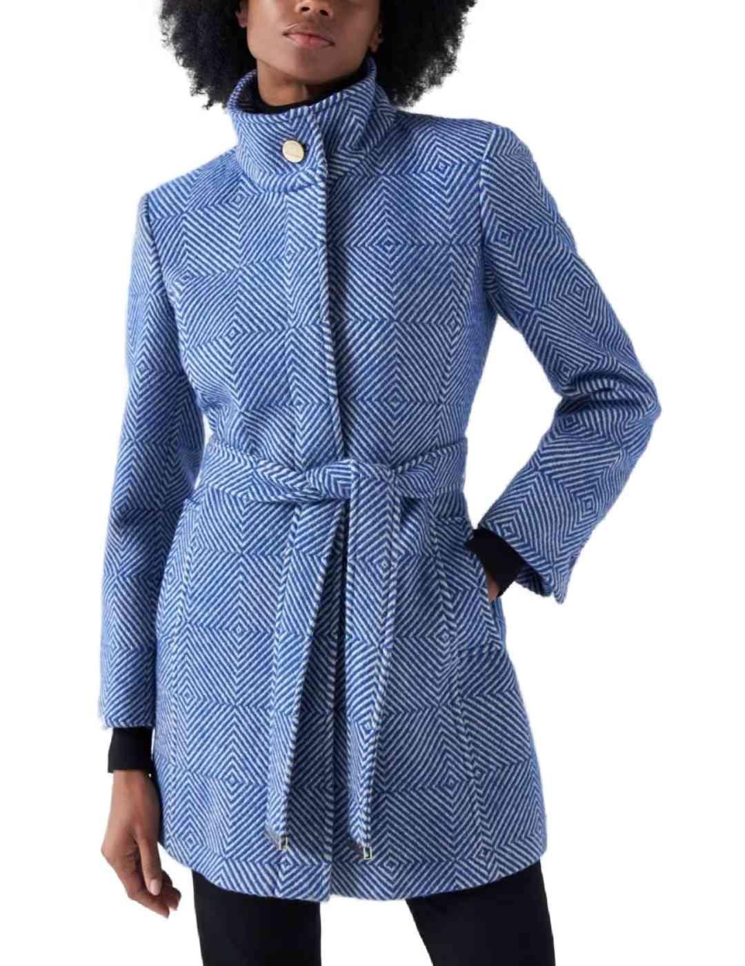 Abrigo Salsa Burel de lana geométrico azul y blanco de mujer