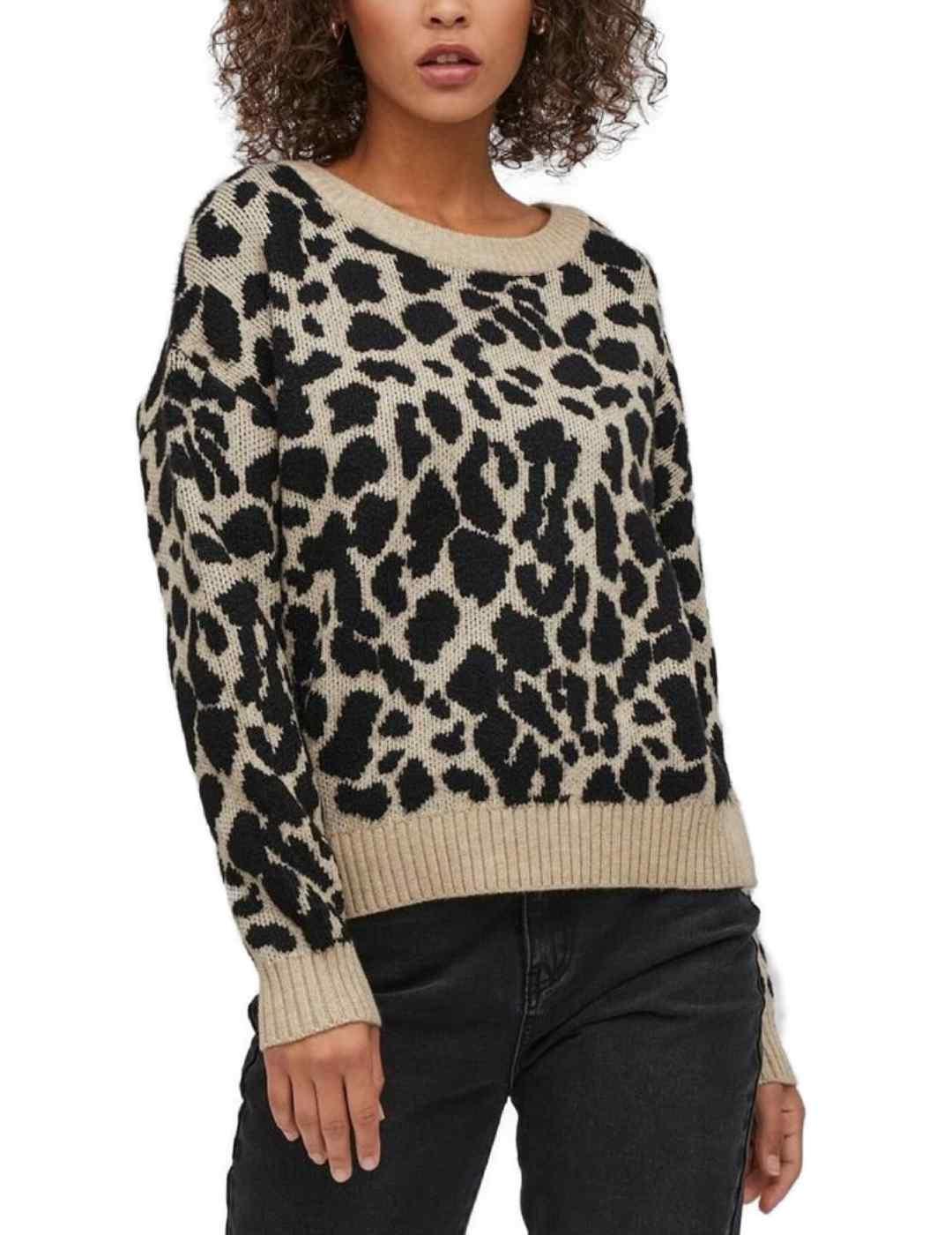 Jersey Vila Ril beige y estampado de leopardo para mujer