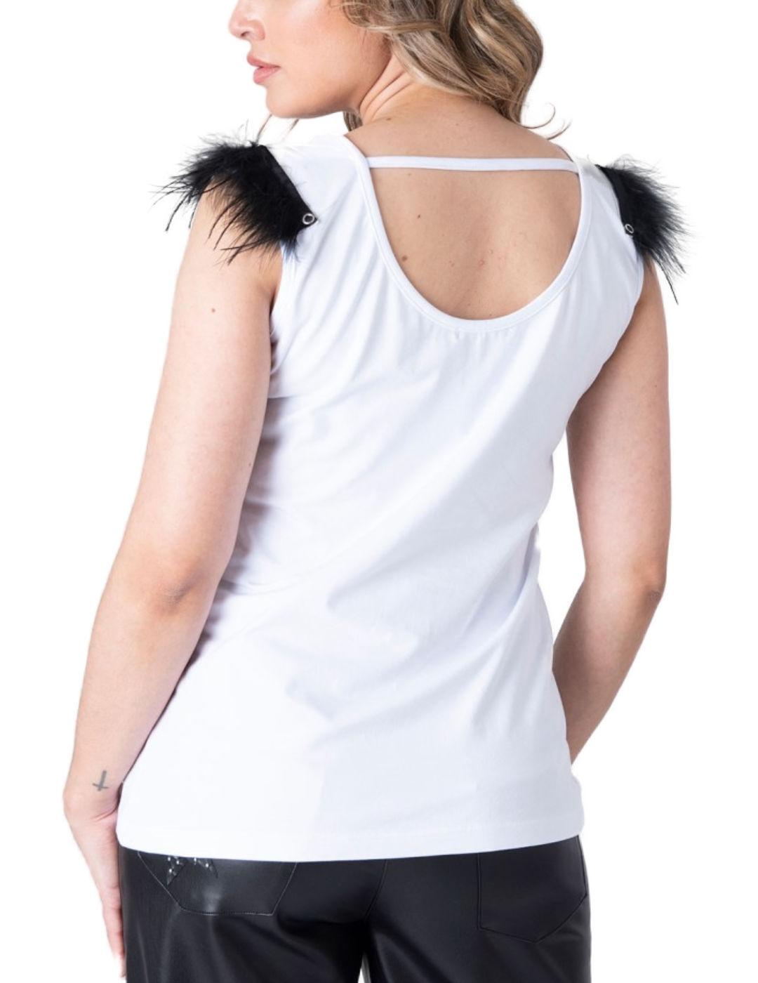 Camiseta Animosa Cisne negro plumas manga sisa para mujer