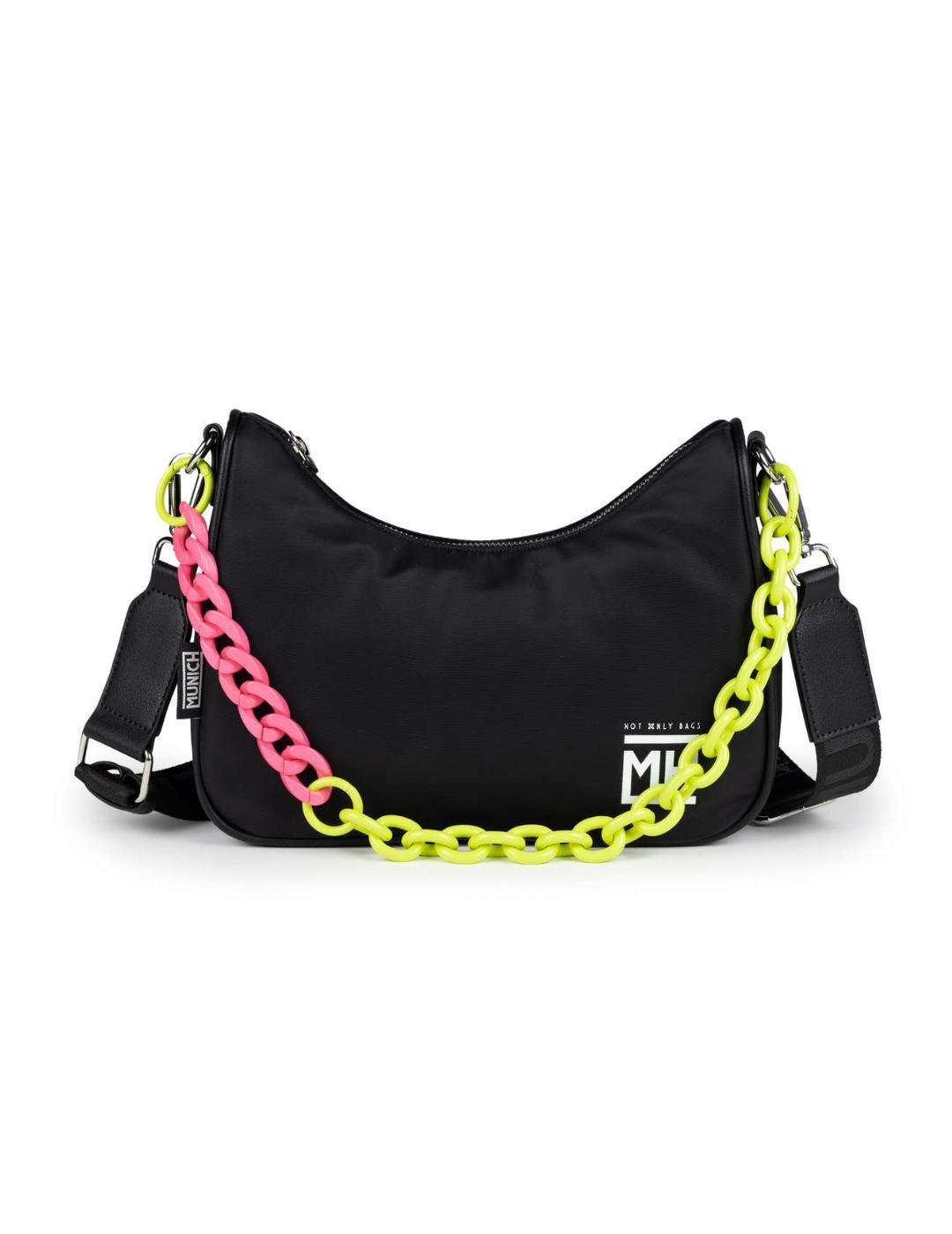 Bolso Munich baguette negro con cadena fucsia/lima de mujer