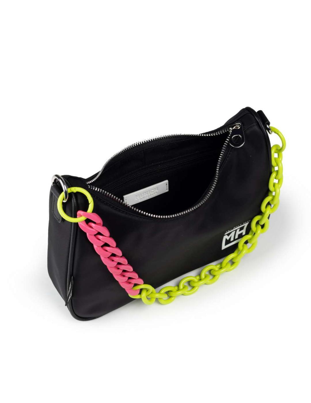 Bolso Munich baguette negro con cadena fucsia/lima de mujer