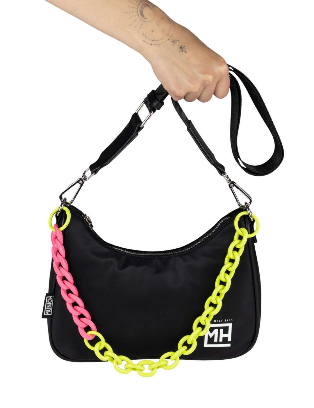 Bolso Munich baguette negro con cadena fucsia/lima de mujer