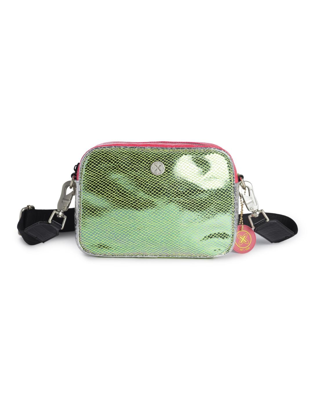 Bolso Munich bandolera  verde/rosa flúor brillante de mujer