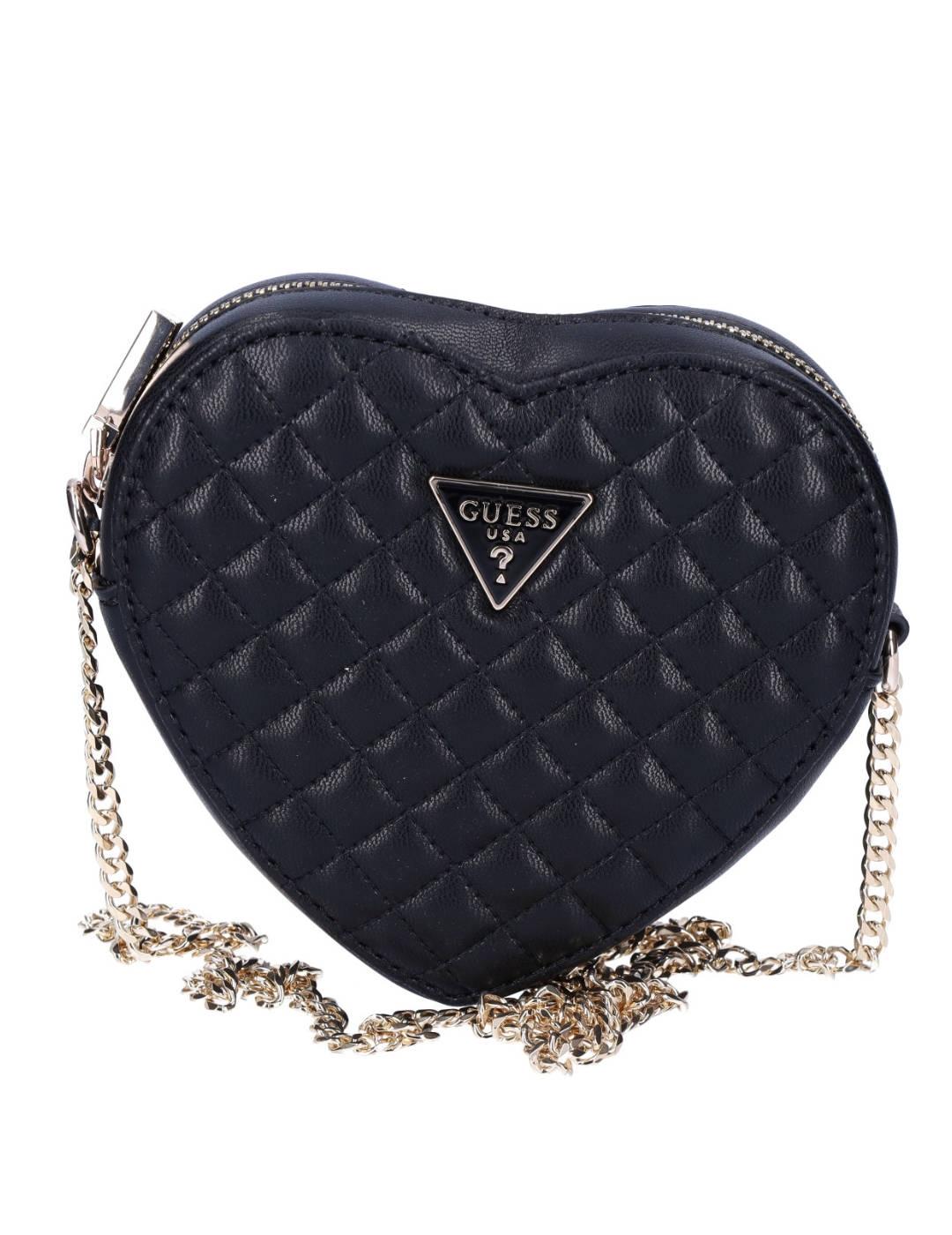 Bolso Guess Rianee corazón negro guateado pequeño para mujer