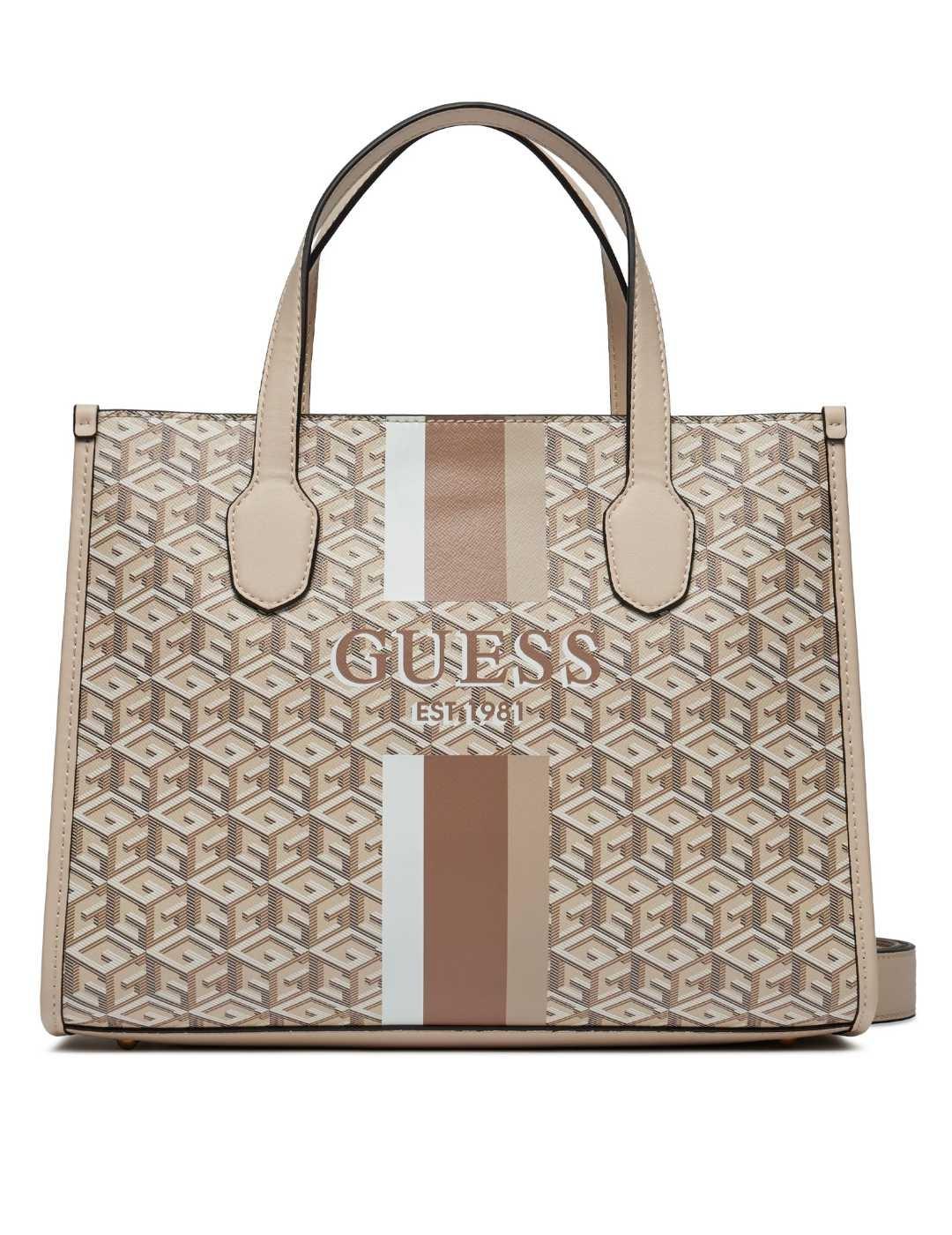 Bolso Guess Silvana beige logotipo doble asa para mujer