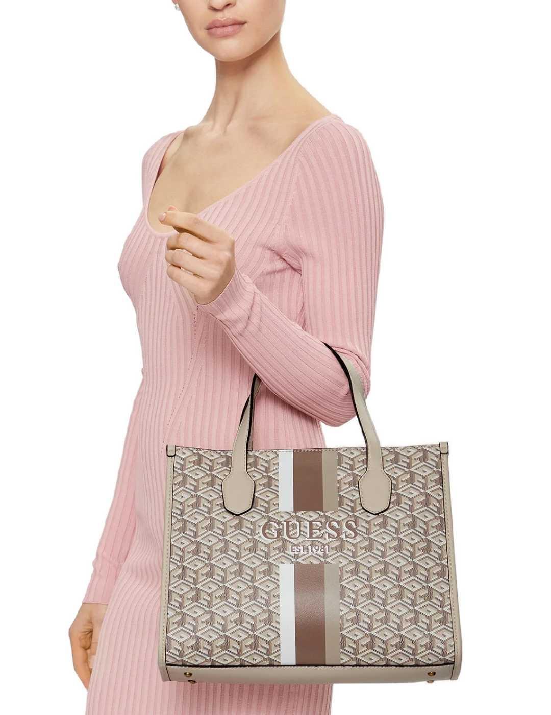 Bolso Guess Silvana beige logotipo doble asa para mujer