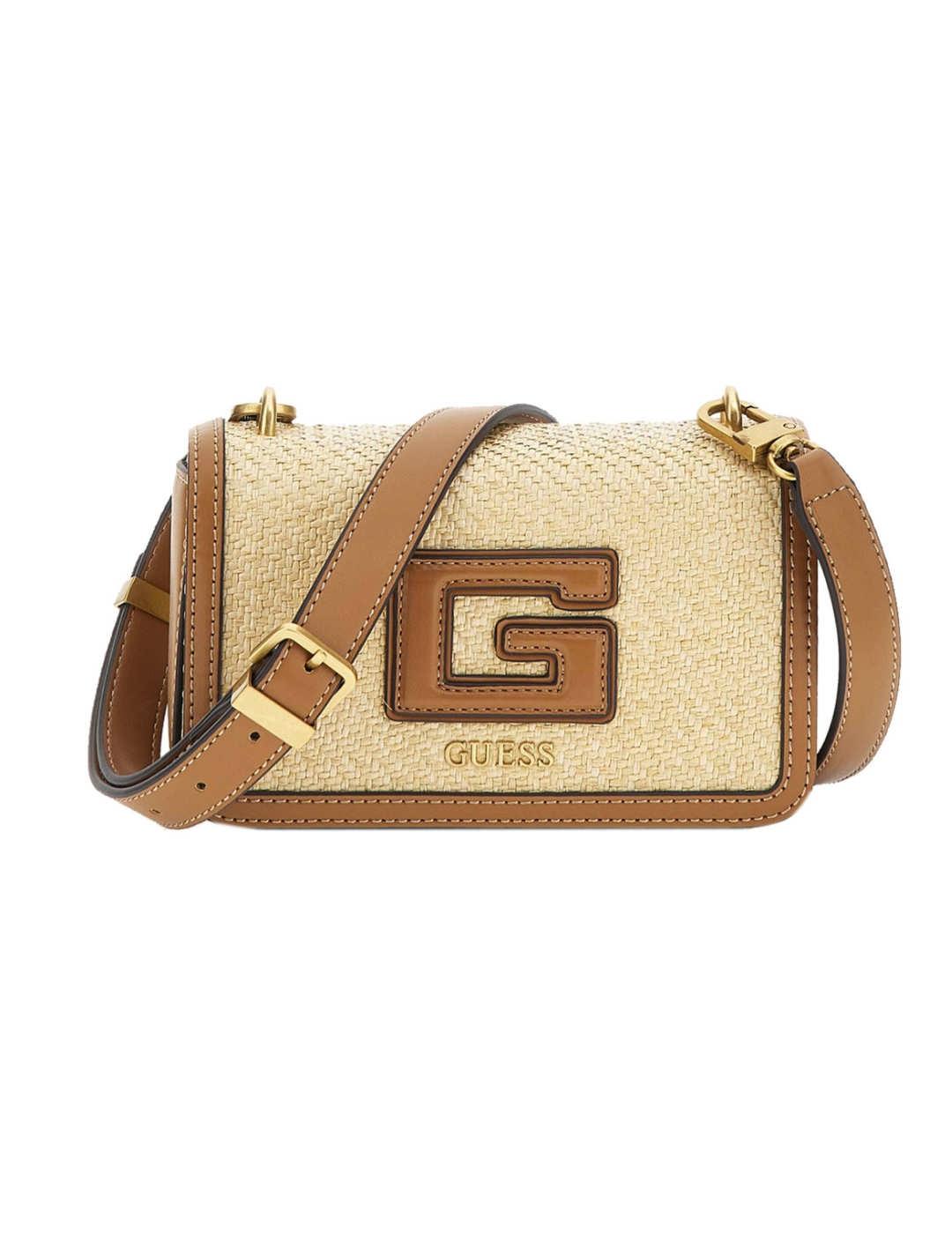 Bolso Guess Status mini beige de mimbre con solap para mujer