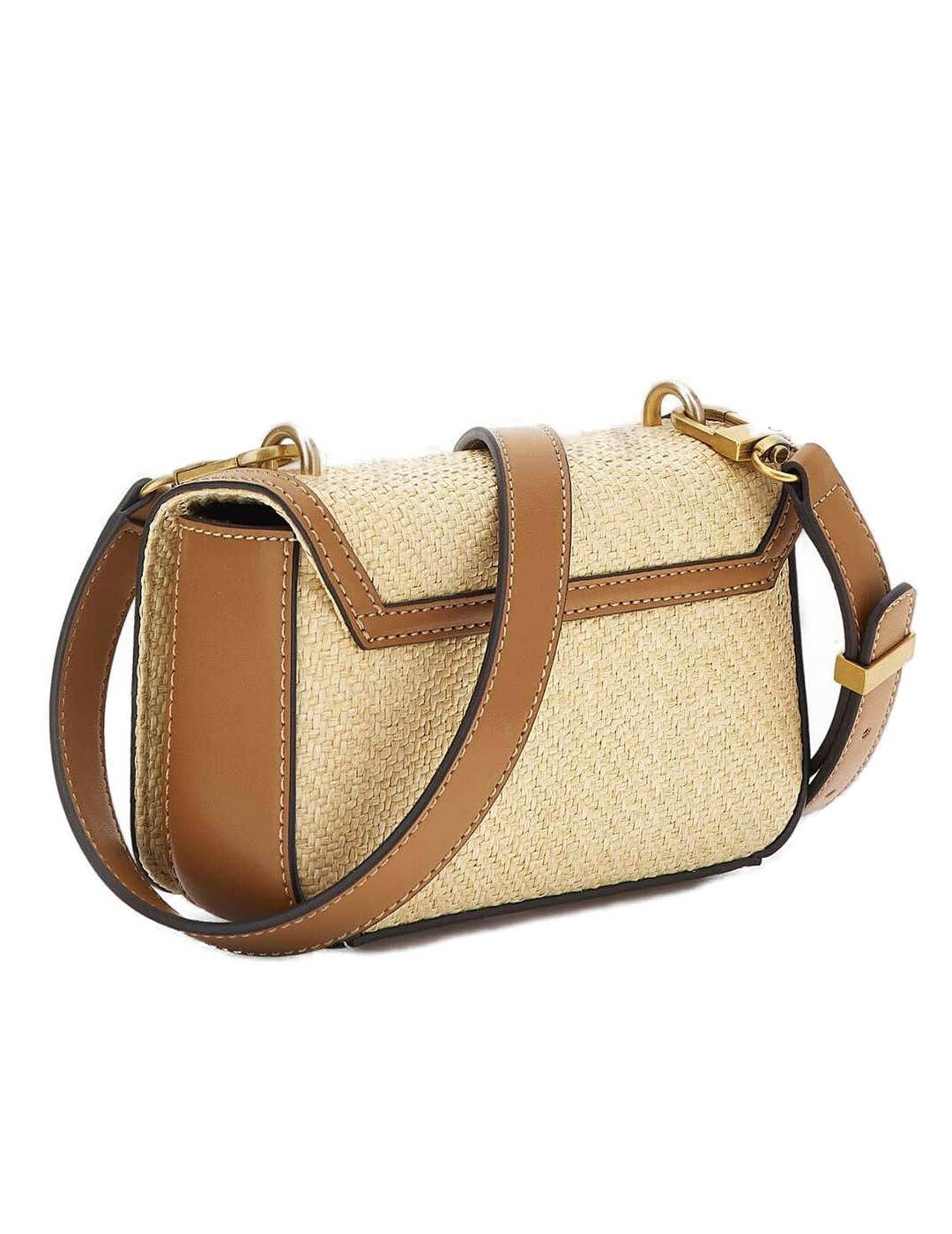 Bolso Guess Status mini beige de mimbre con solap para mujer