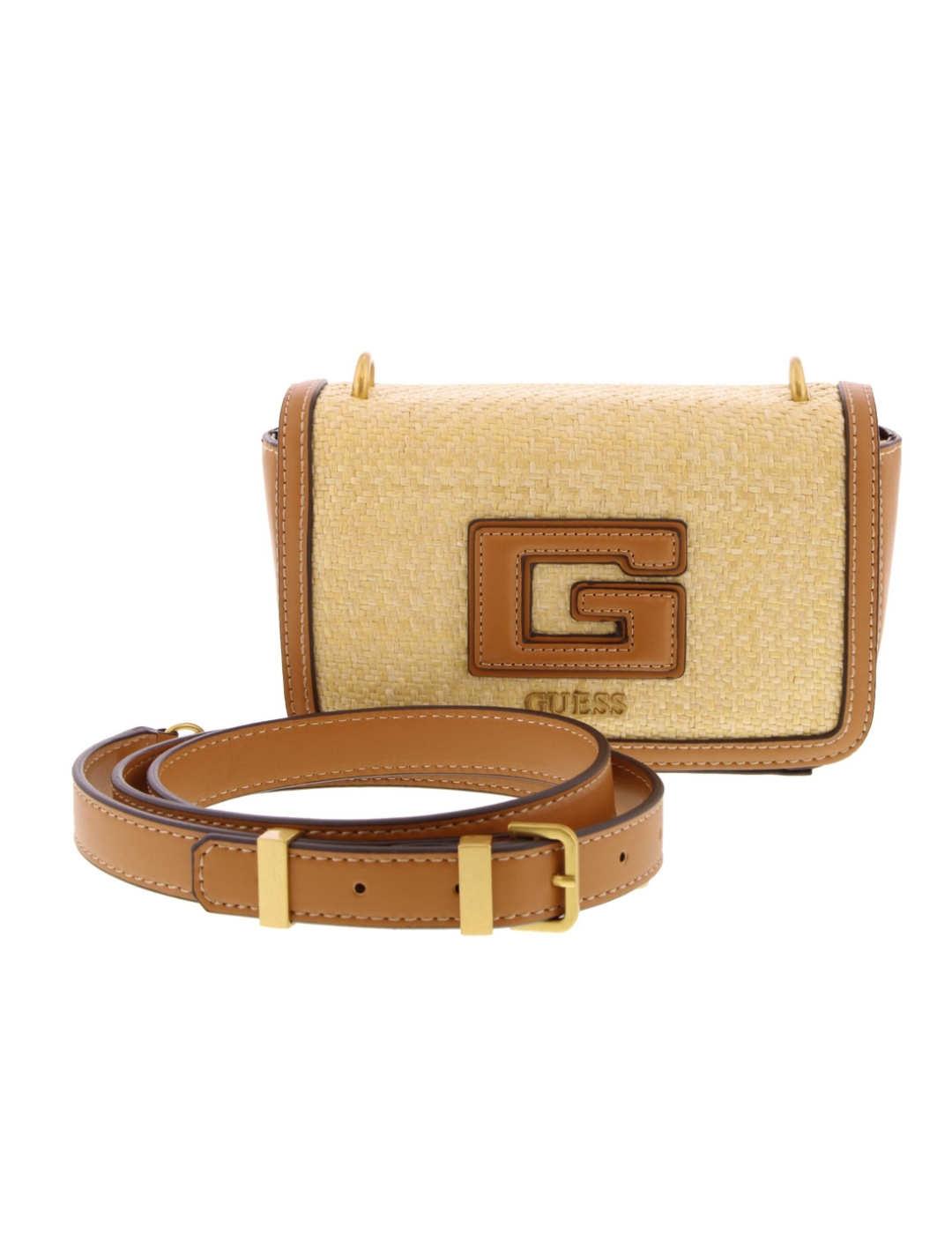 Bolso Guess Status mini beige de mimbre con solap para mujer