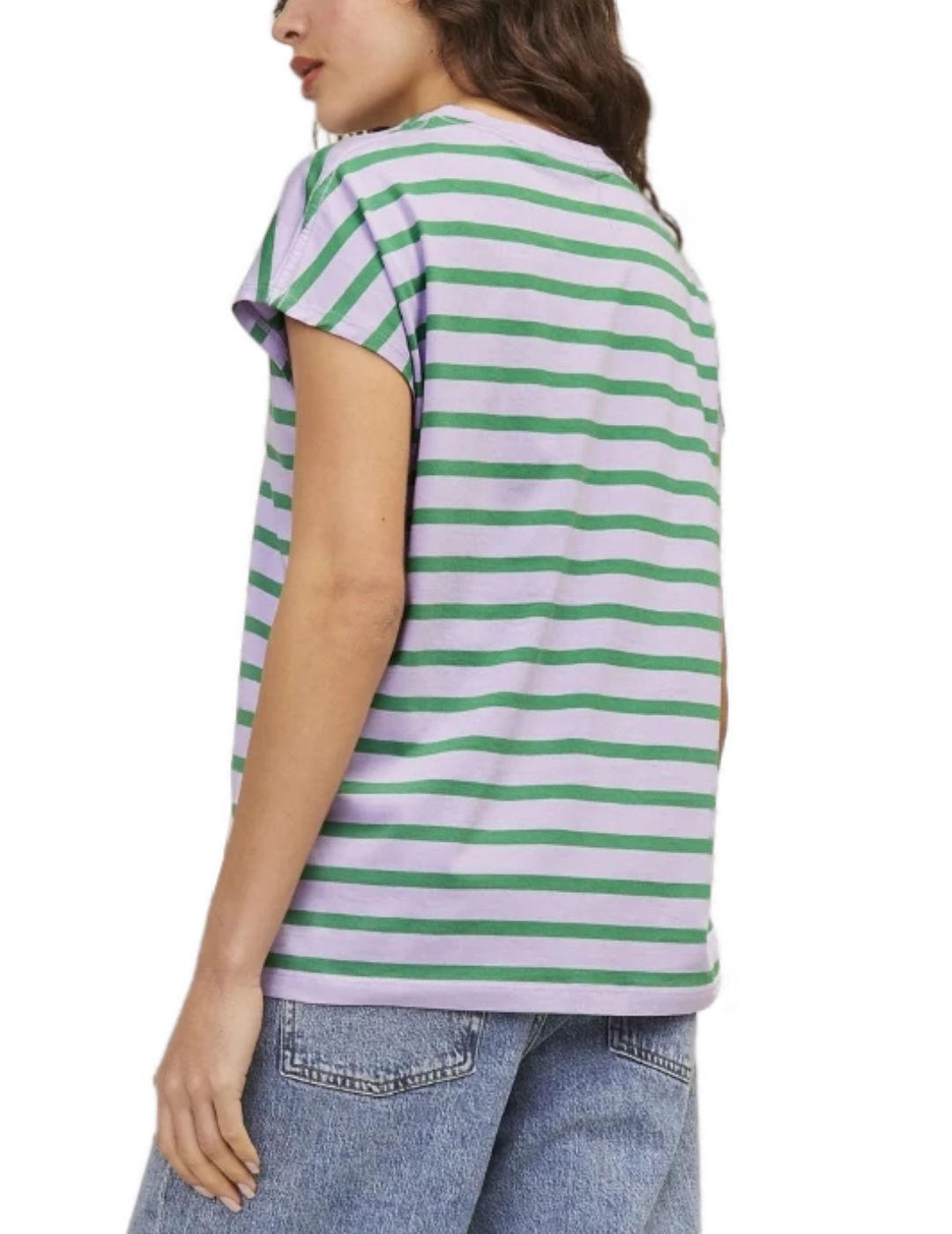 Camiseta JJXX Astrid lila raya verde manga sisa de mujer