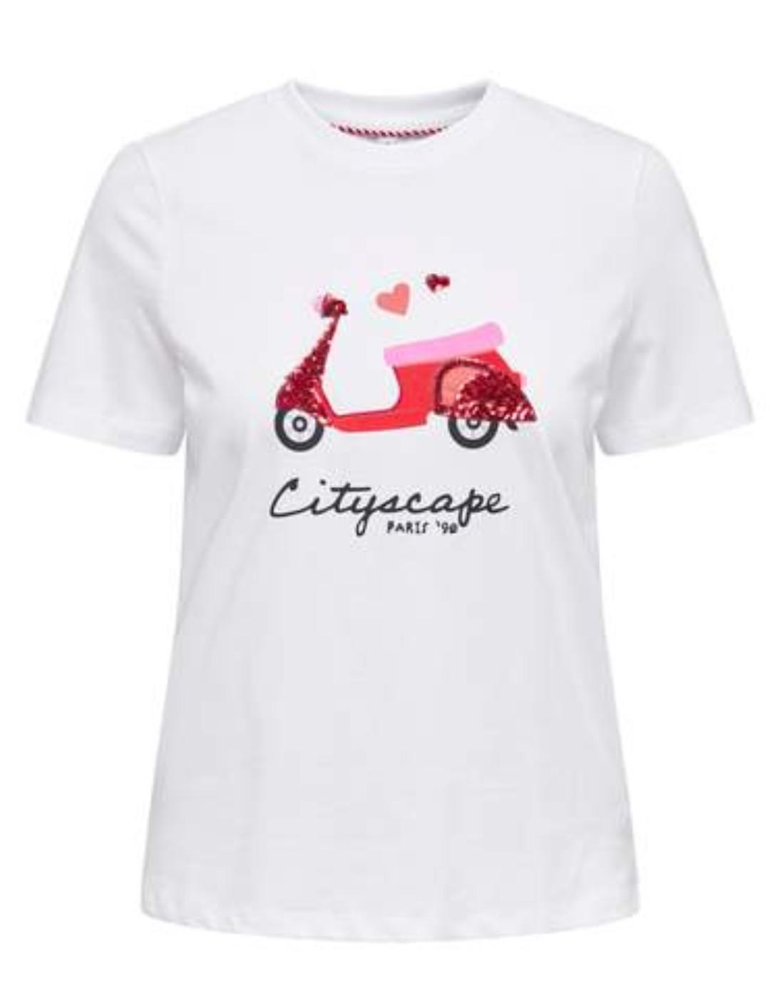 Camiseta Only Kita blanca dibujo moto manga corta de mujer