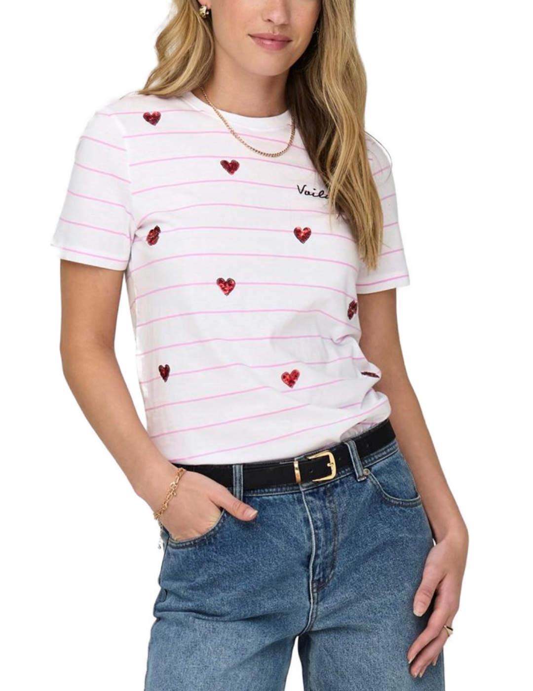 Camiseta Only Kita blanca y rosa a rayas manga corta mujer