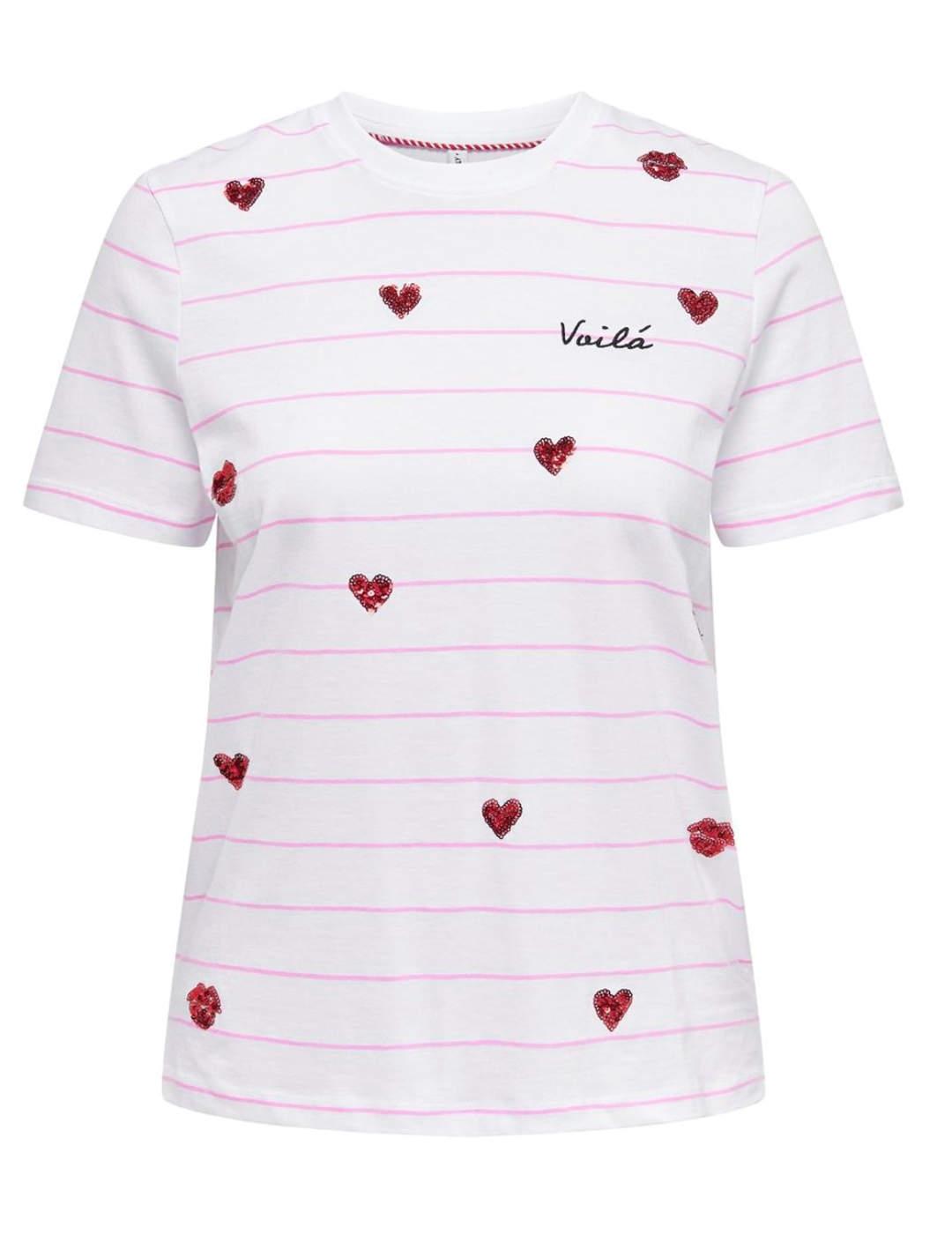 Camiseta Only Kita blanca y rosa a rayas manga corta mujer