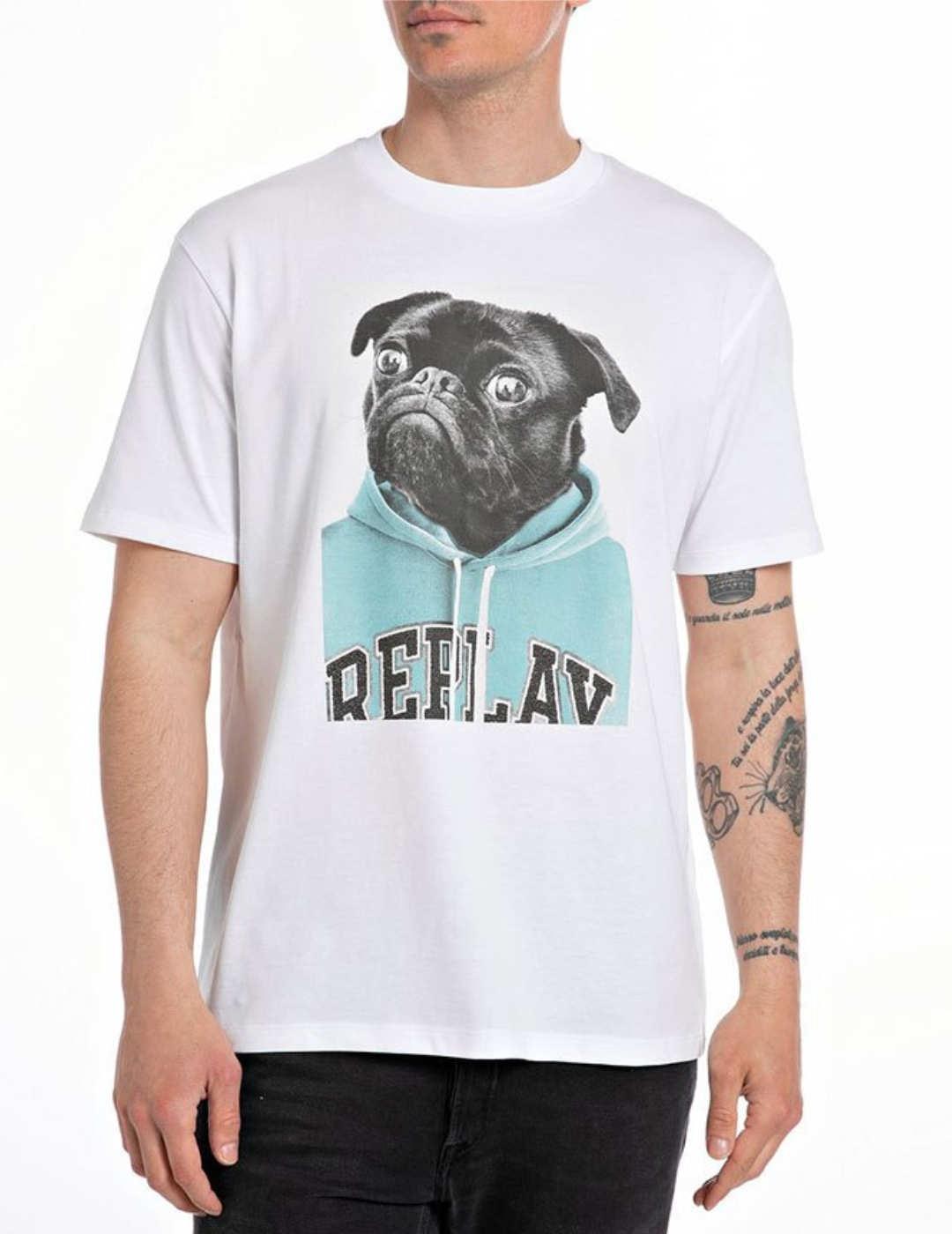 Camiseta Replay blanca dibujo de perro manga corta de hombre