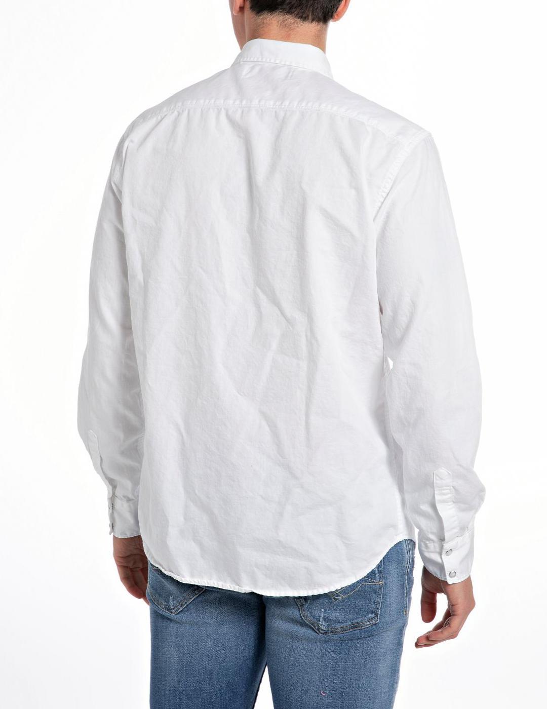 Camisa Replay blanca vaquera y bolsillos manga larga hombre