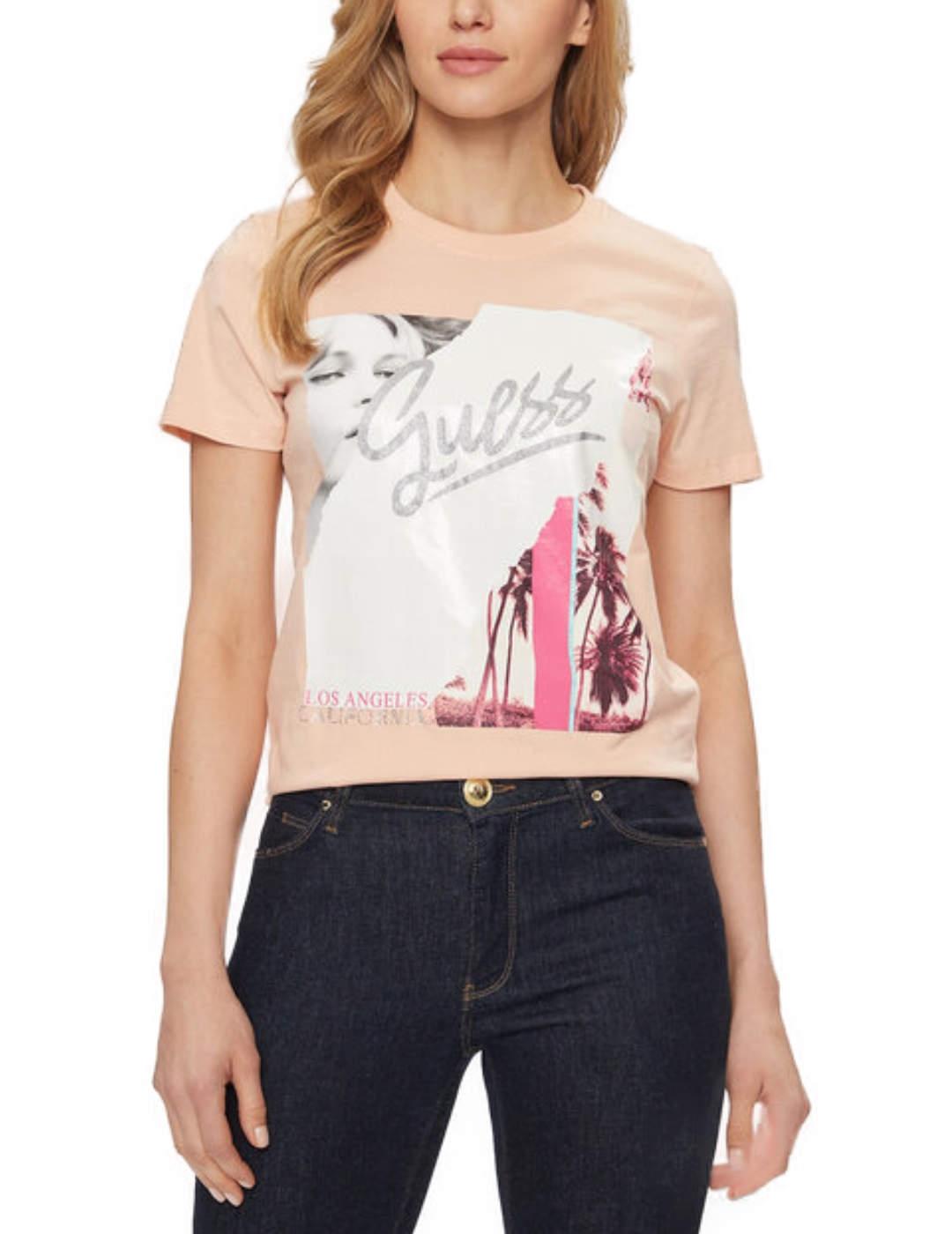 Camiseta Guess Collage melocotón manga corta para mujer