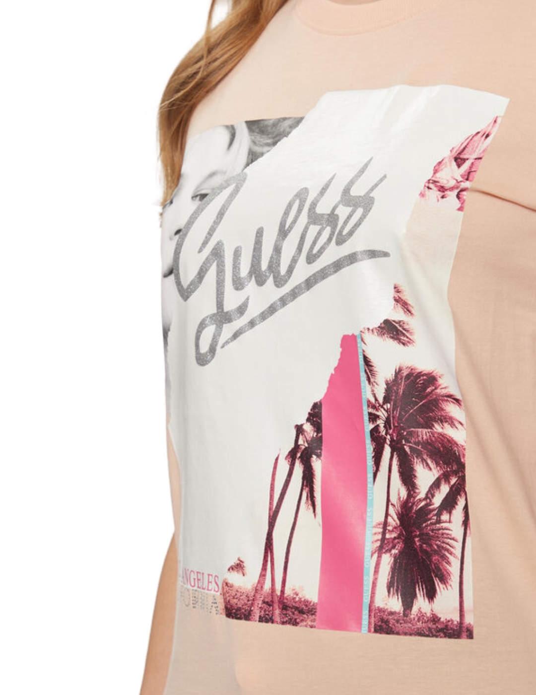 Camiseta Guess Collage melocotón manga corta para mujer