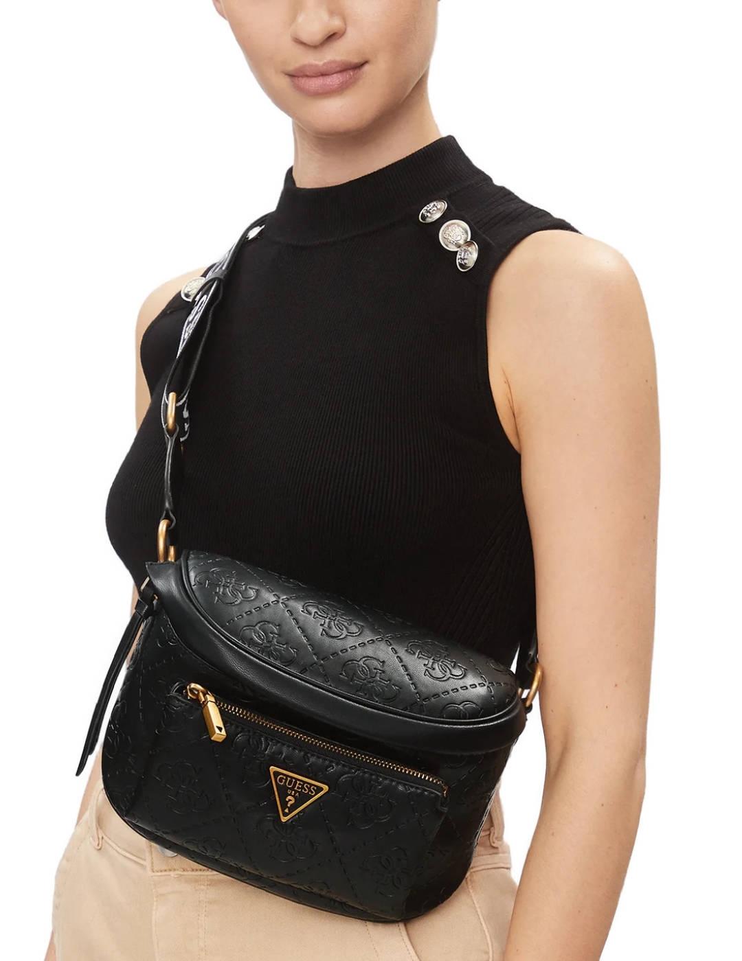 Bolso riñonera Guess Power negro logo y cremallera de mujer