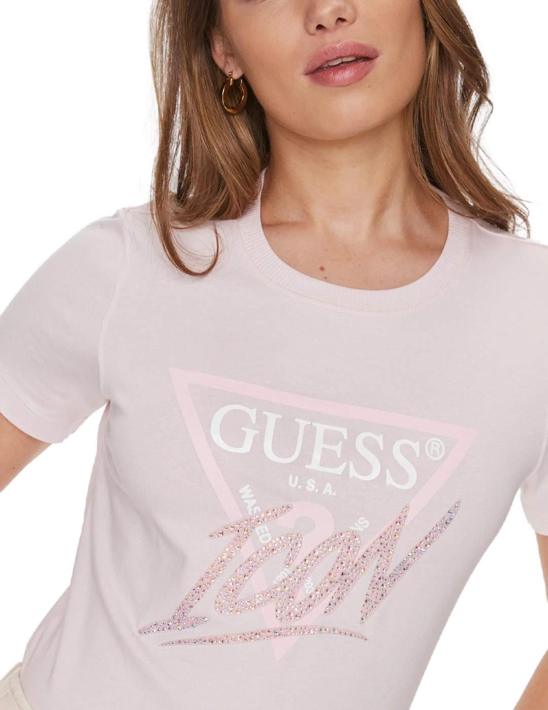 Camiseta Guess Icon rosa logo triángulo manga corta de mujer