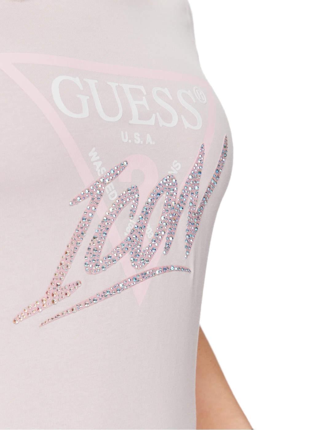 Camiseta Guess Icon rosa logo triángulo manga corta de mujer