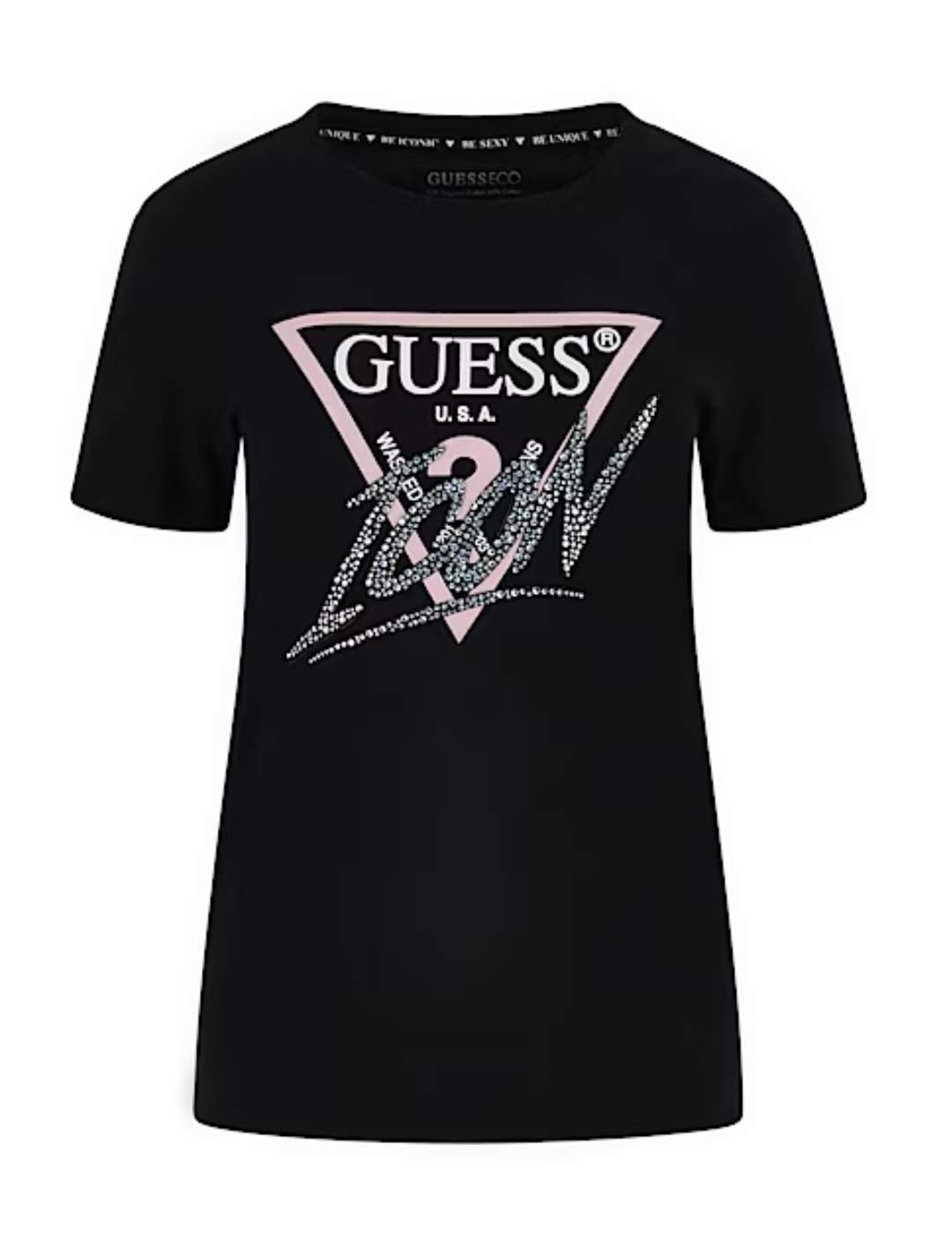 Camiseta Guess Icon negro logo manga corta para mujer