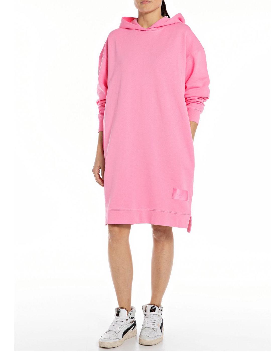 Vestido sudadera Replay rosa con capucha oversize para mujer