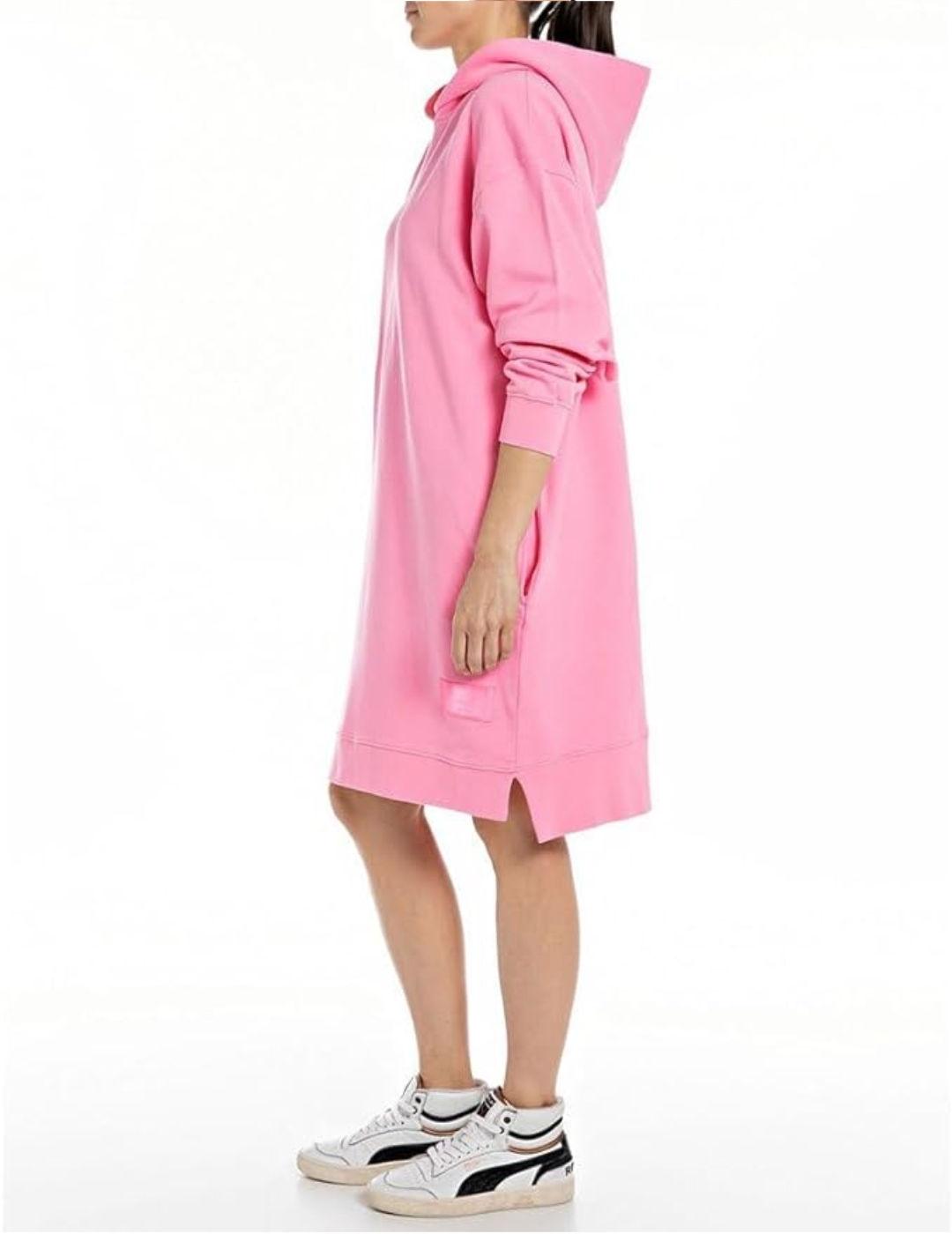 Vestido sudadera Replay rosa con capucha oversize para mujer