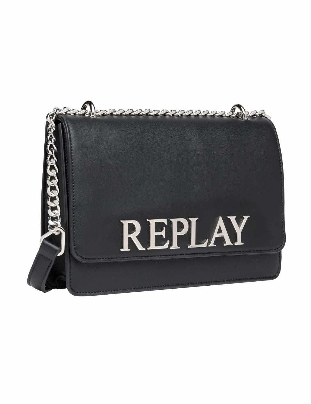 Bolso bandolera Replay negro con cadena plateada para mujer