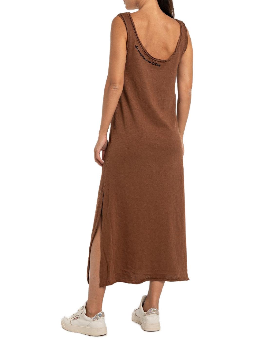 Vestido midi Replay marrón de tirantes con abertura de mujer