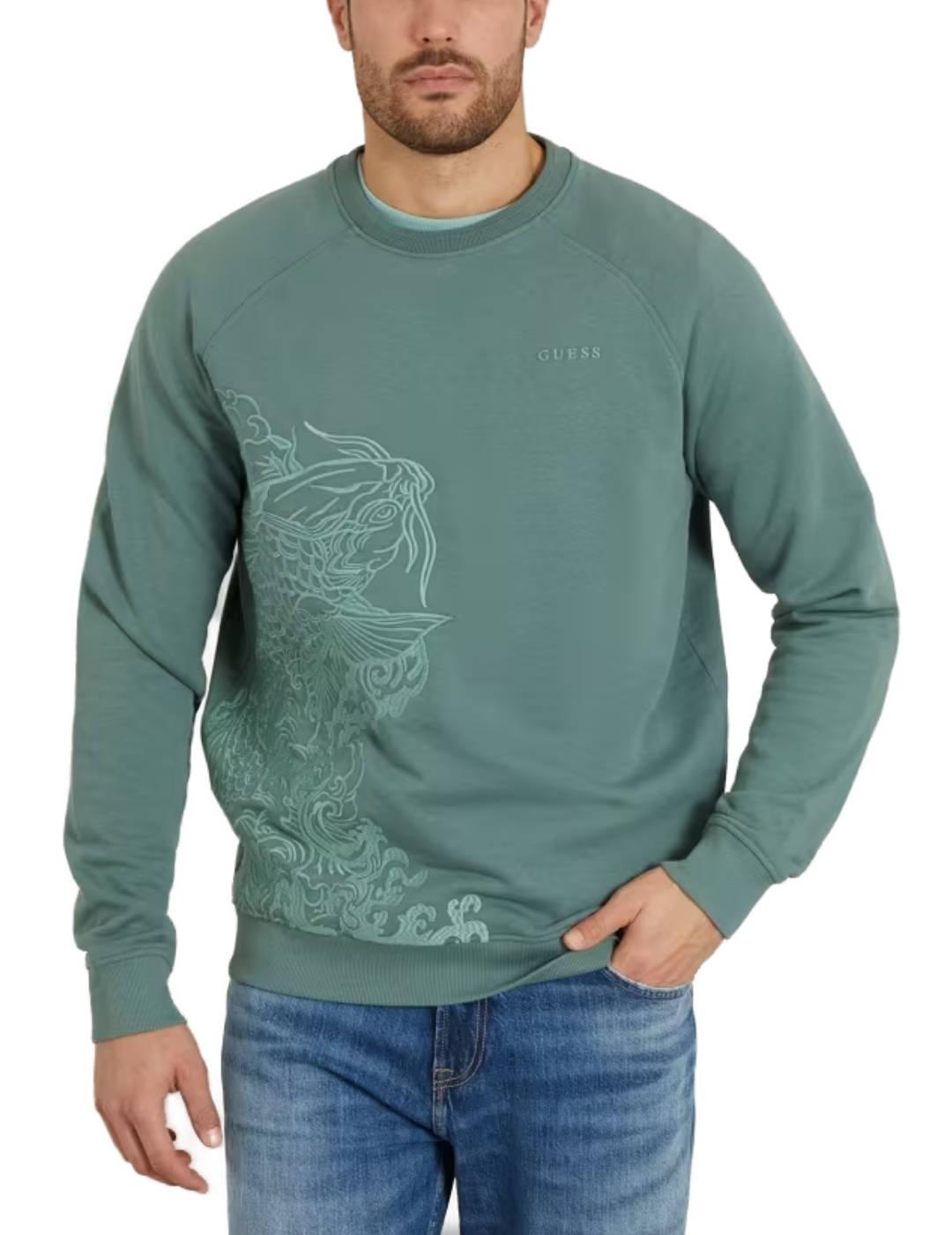 Sudadera Guess Full embro verde dibujo peces para hombre