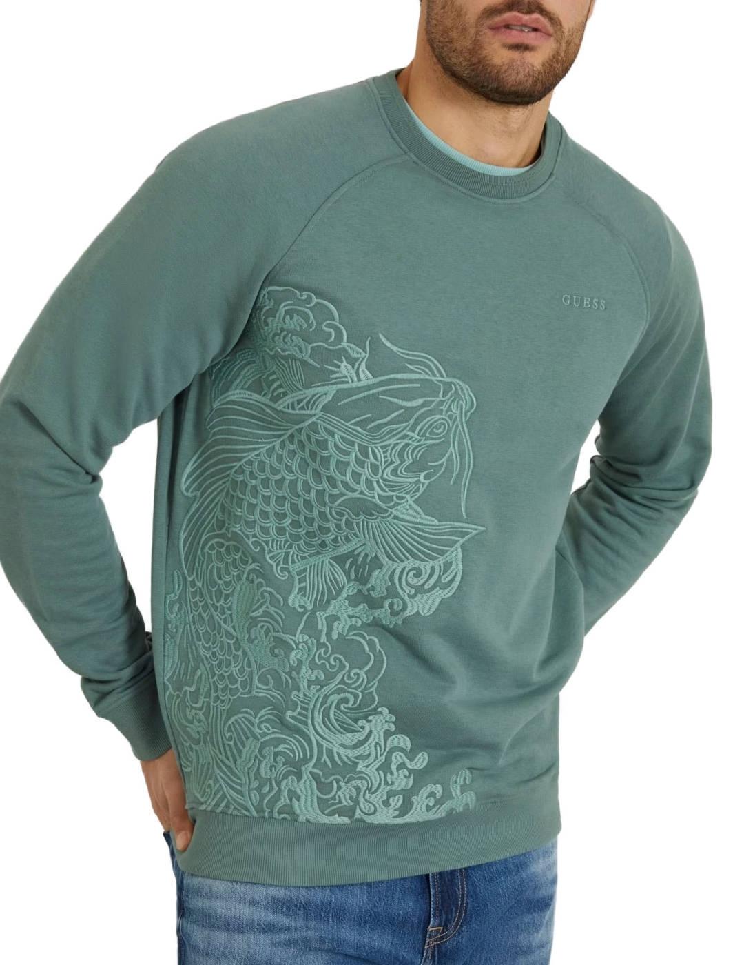 Sudadera Guess Full embro verde dibujo peces para hombre