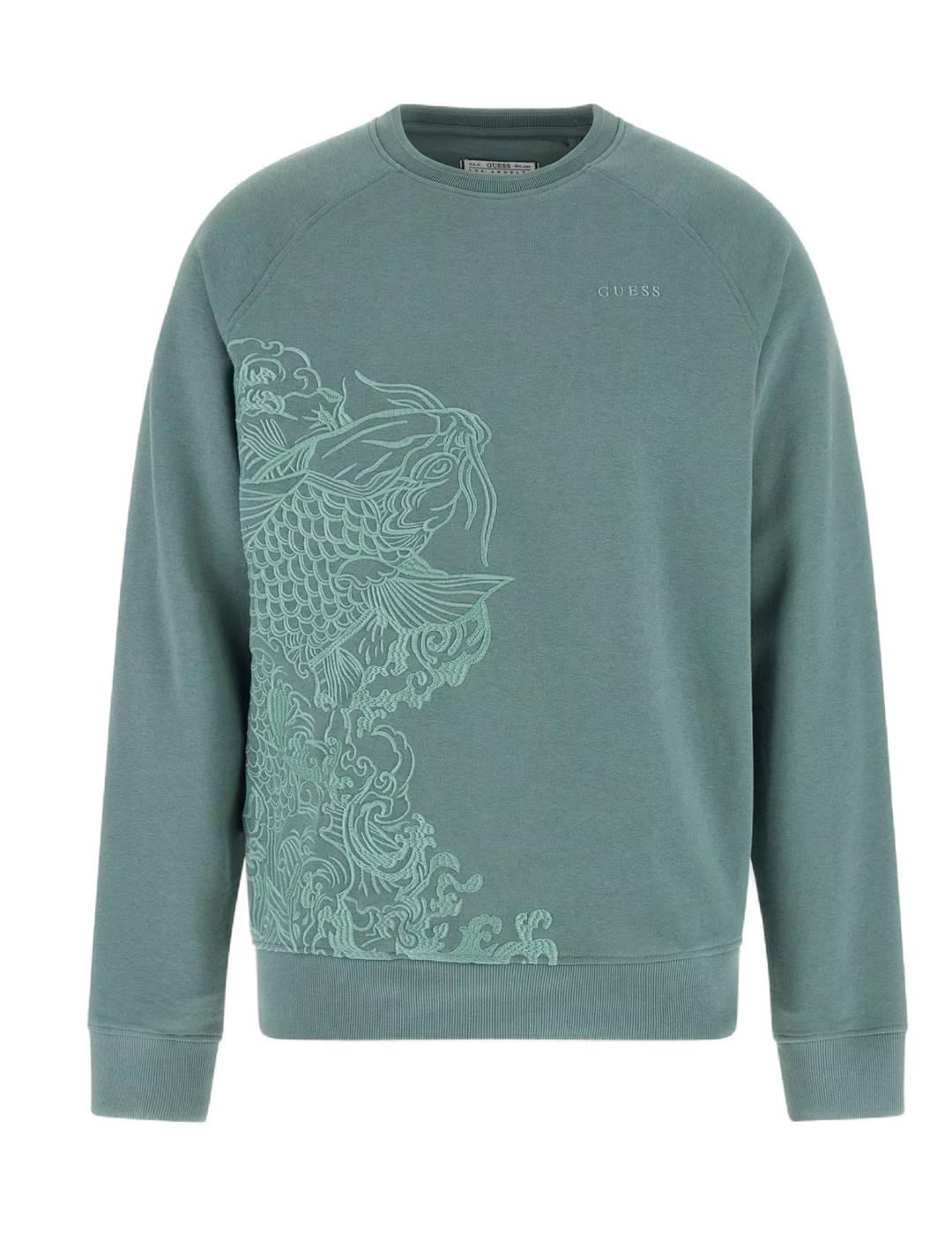 Sudadera Guess Full embro verde dibujo peces para hombre