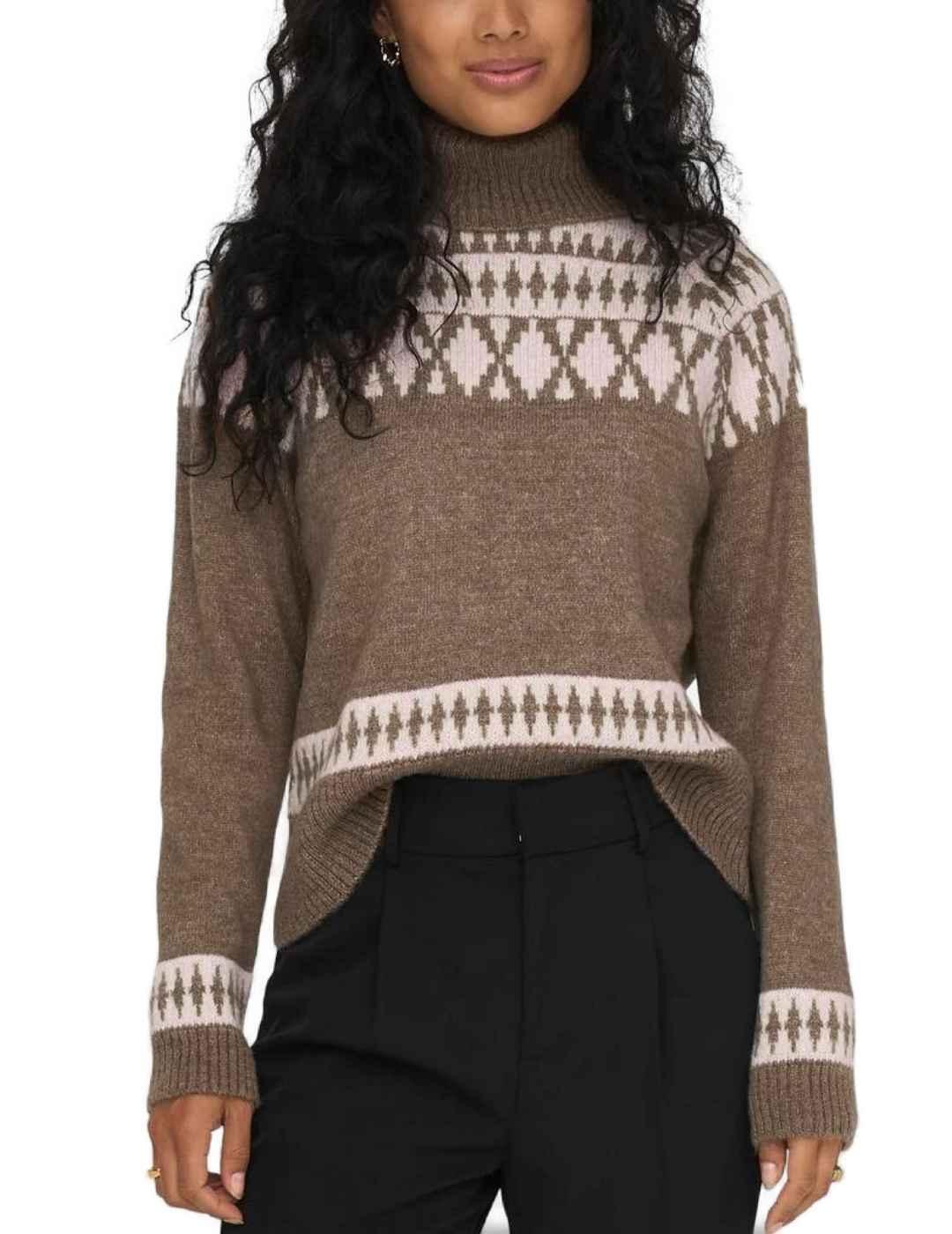 Jersey Only Mathilda marrón cuello vuelto estampado de mujer