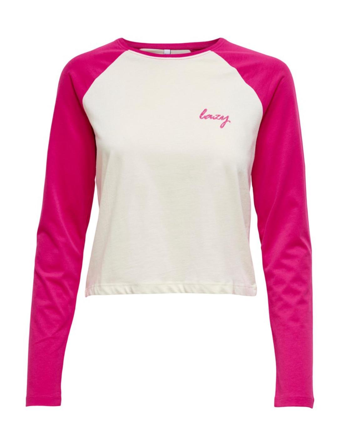 Camiseta Only Leika blanca/rosa fucsia manga larga de mujer