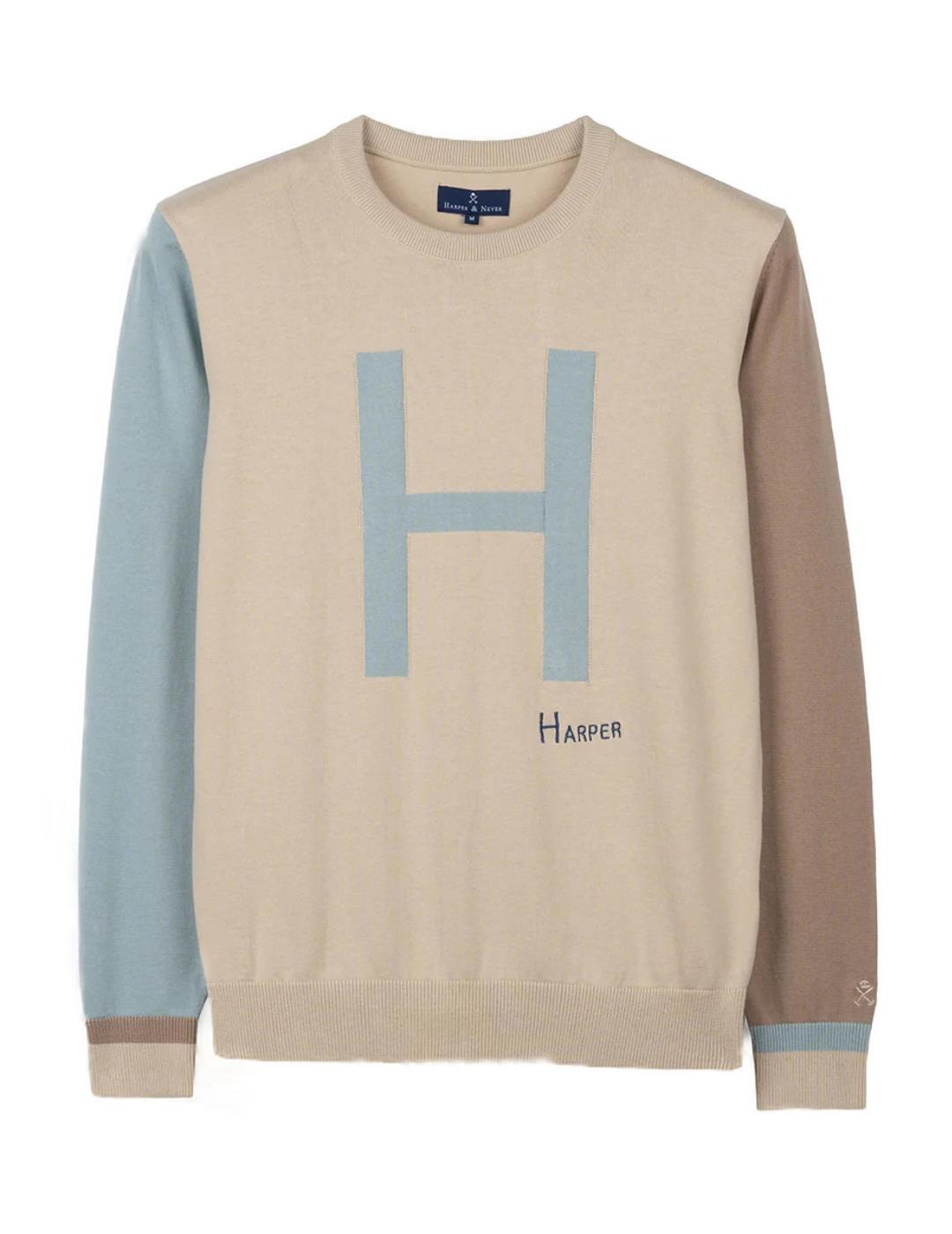 Jersey Harper Club beige mangas bicolor de punto fino hombre