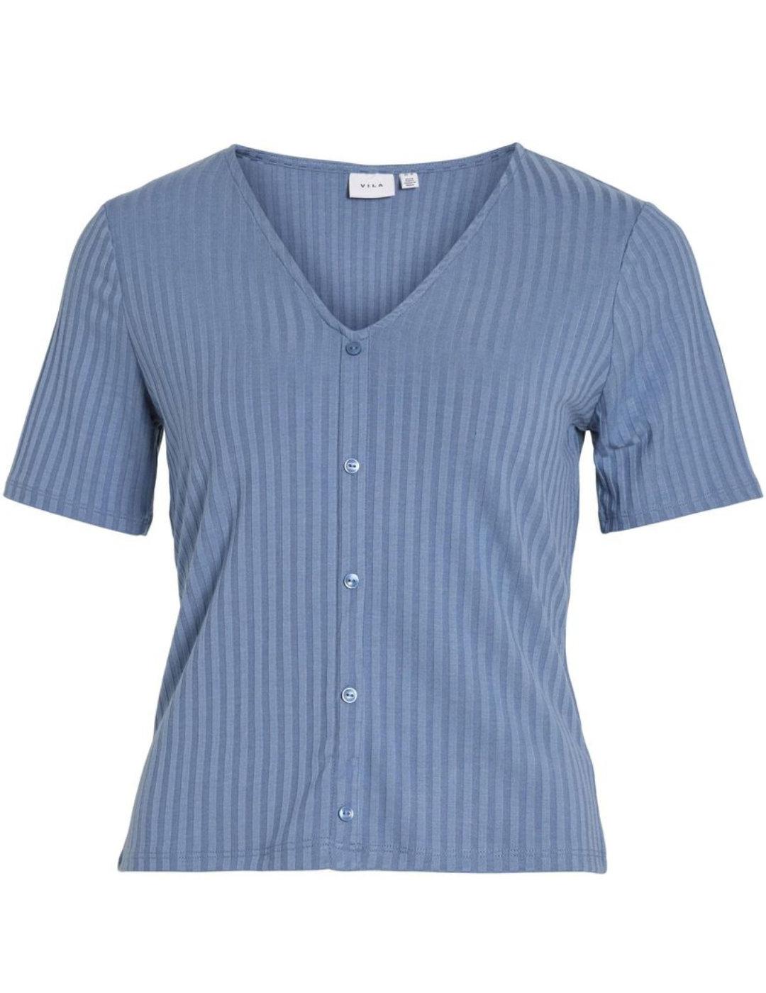 Camiseta Vila Ribini azul cuello V botones manga corta mujer