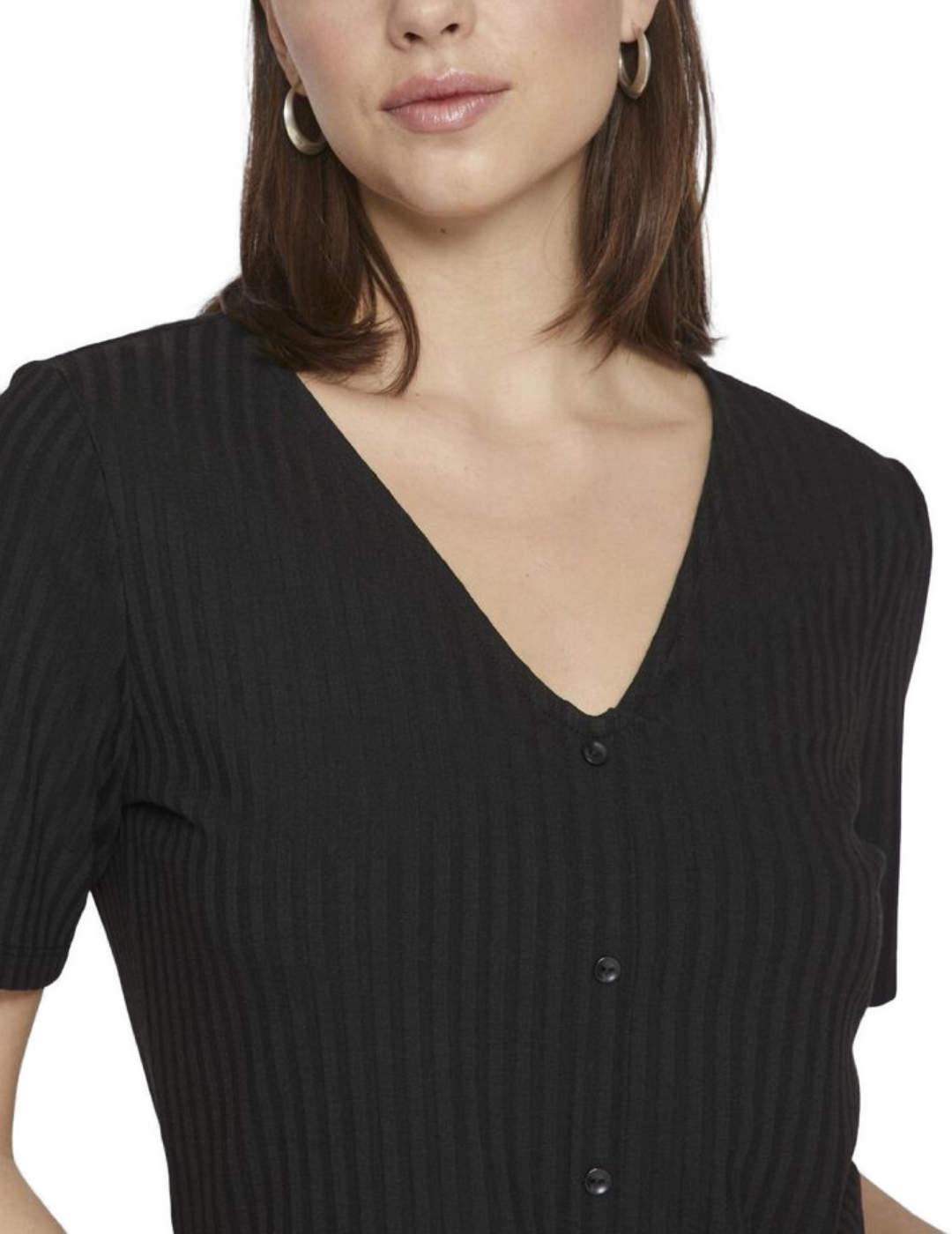 Camiseta Vila Ribini negra cuelloV botones manga corta mujer