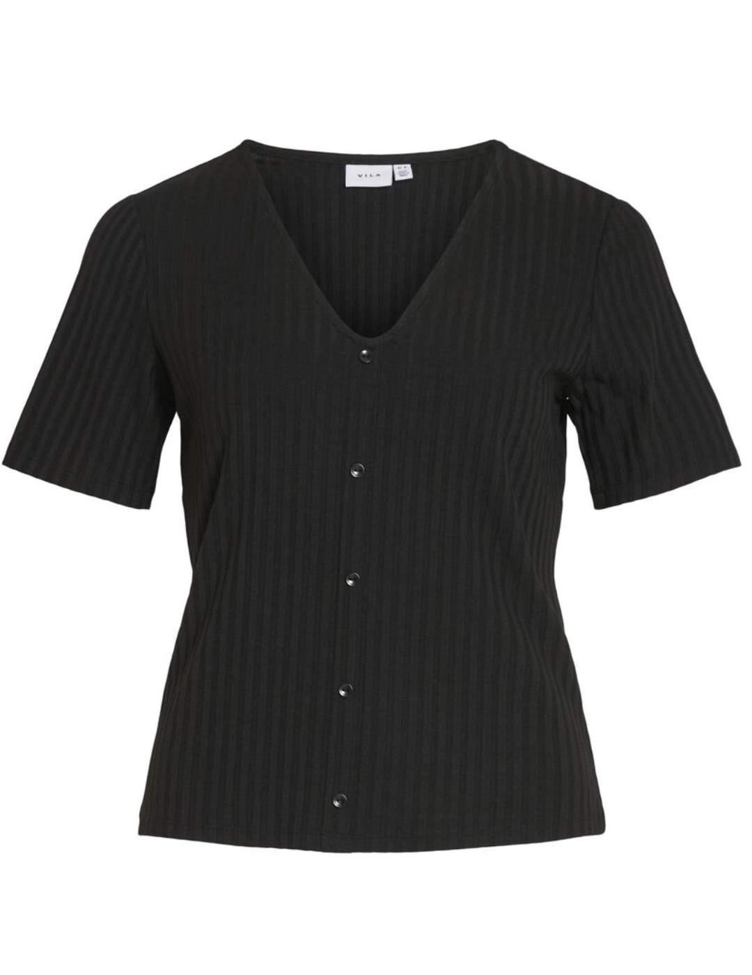 Camiseta Vila Ribini negra cuelloV botones manga corta mujer