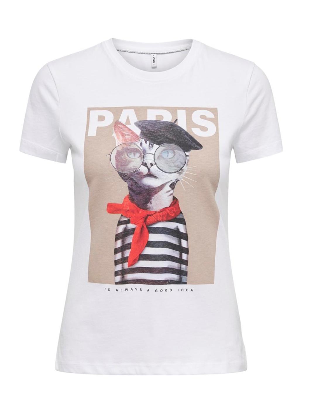 Camiseta Only Vibe dibujo gato Slim manga corta para mujer